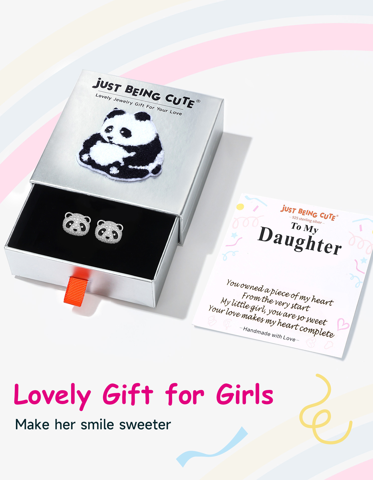 Just Being Cute Panda Necklace and Earrings Set for Women Cubic Zirconia Sterling Silver Jewelry with Birthday Christmas Gifts