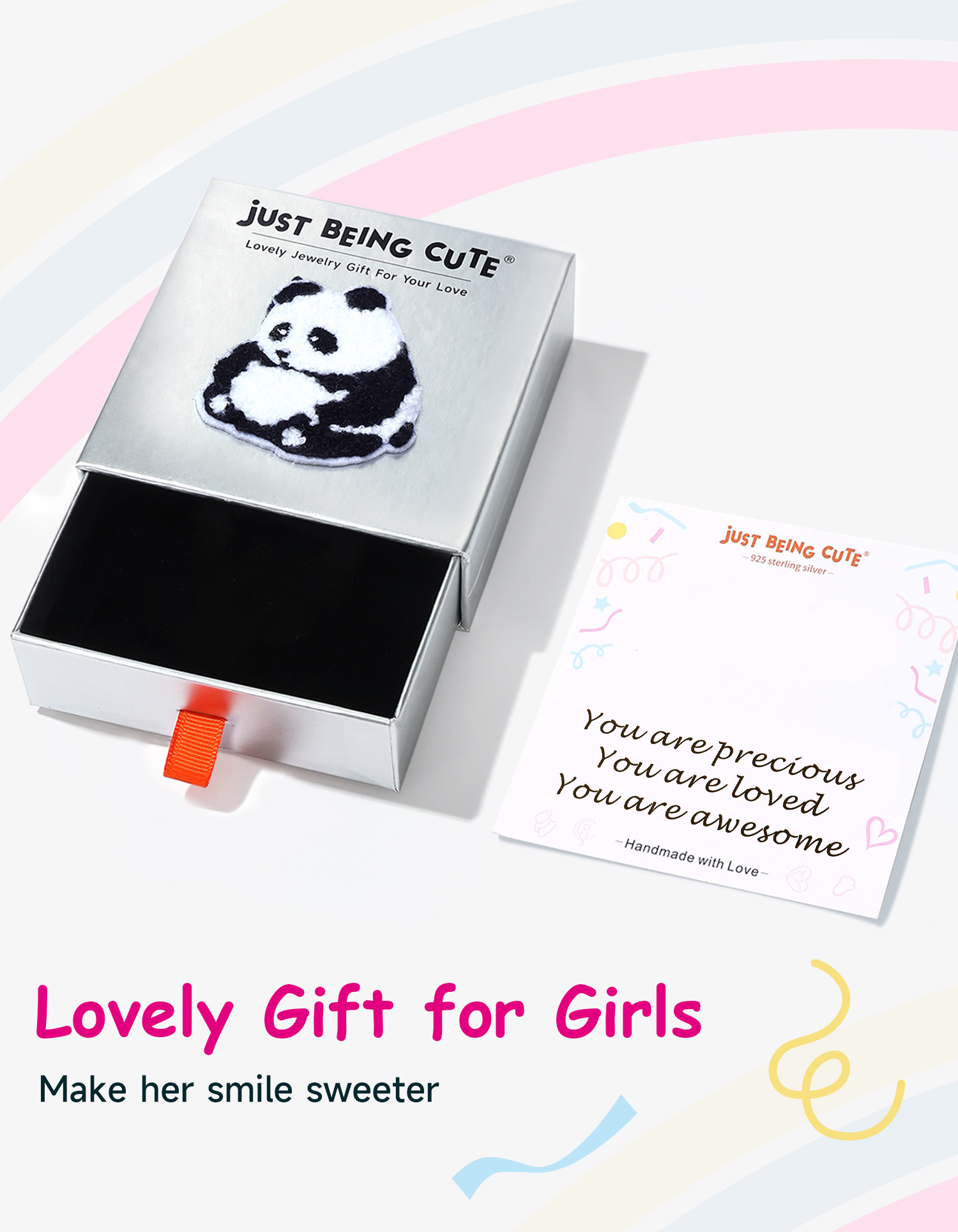 JustBeingCute Girls Necklace and Earrings Set, Plated 925 Sterling Sliver Moissanite Pendant Necklaces Shinny CZ Stud Earrings Birthday Christmas Panda Jewelry Gifts with Card