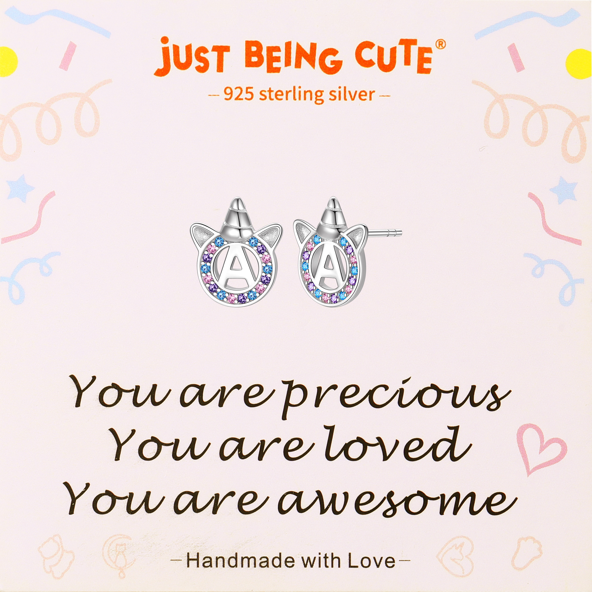 Just Being Cute Unicorn Earrings for Women Initial A Stud Earrings with Colorful Crystal Sterling Silver Jewelry Gift for Birthday