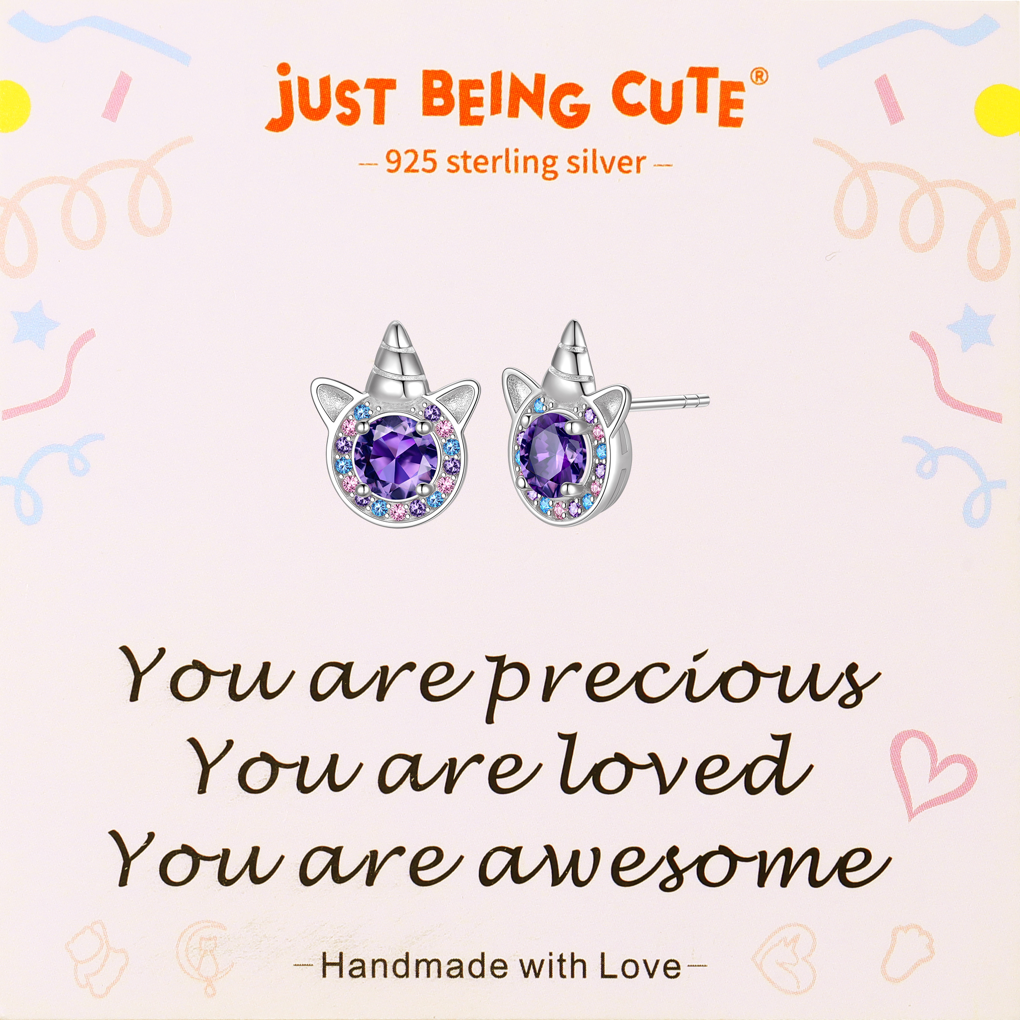 Just Being Cute Unicorn Earrings with Created Diamond, Sterling Silver Stud Earrings Birthstone Crystal Jewelry Gift for Women