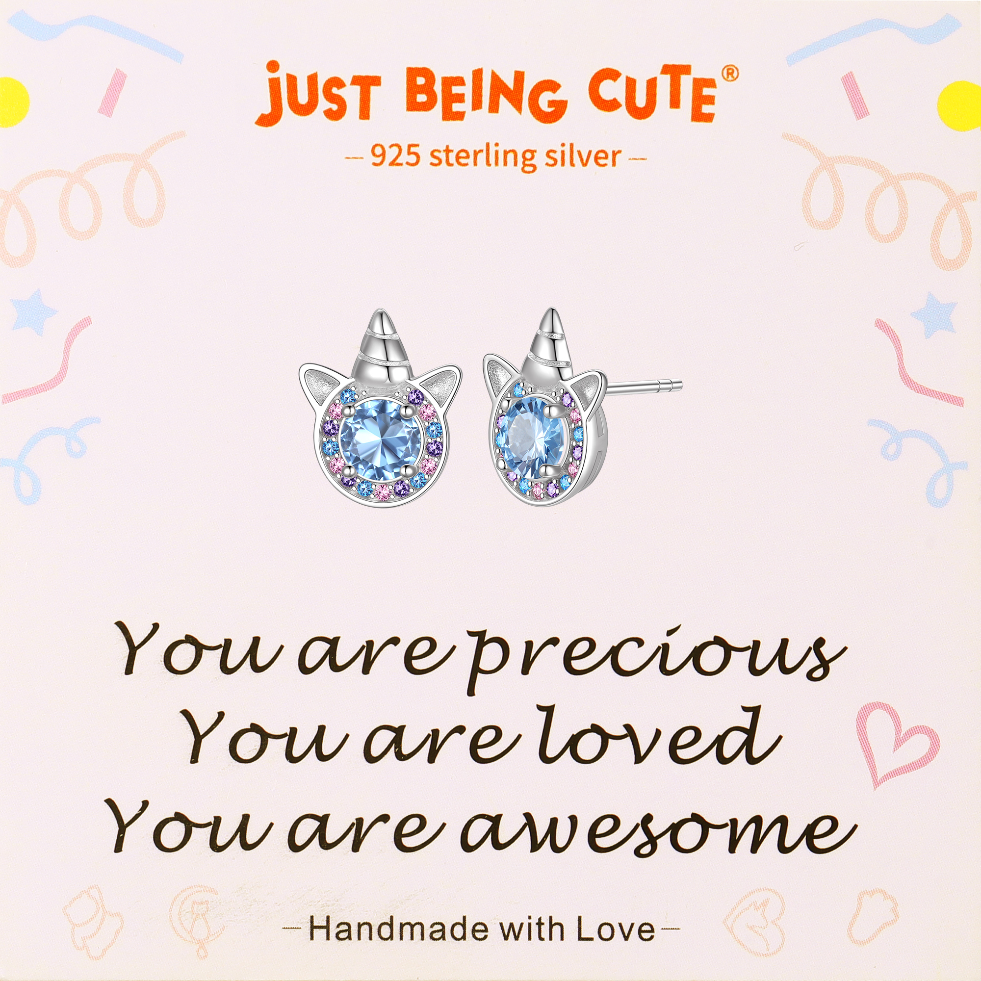 Just Being Cute Unicorn Earrings with Created Diamond, Sterling Silver Stud Earrings Birthstone Crystal Jewelry Gift for Women