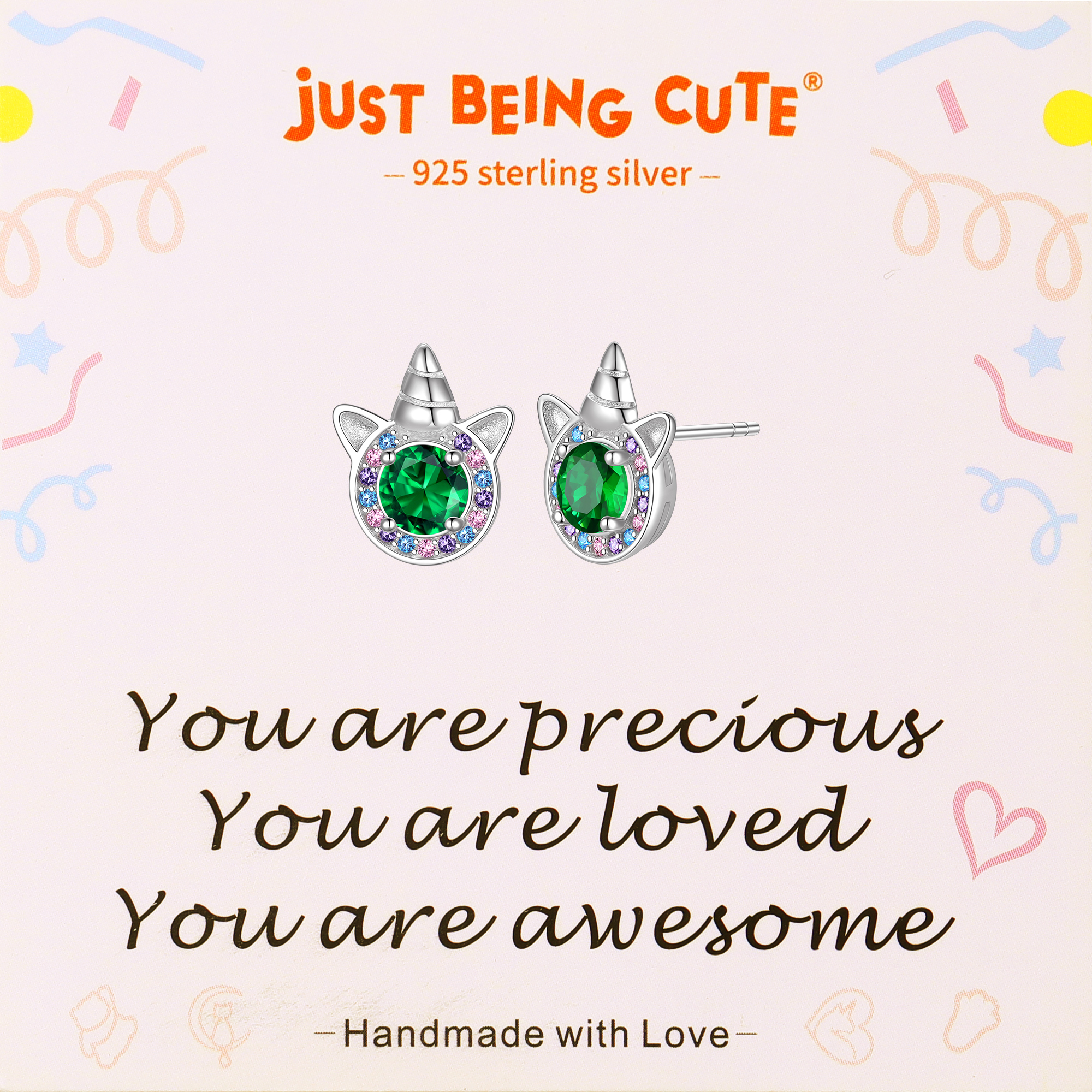 Just Being Cute Unicorn Earrings with Created Diamond, Sterling Silver Stud Earrings Birthstone Crystal Jewelry Gift for Women