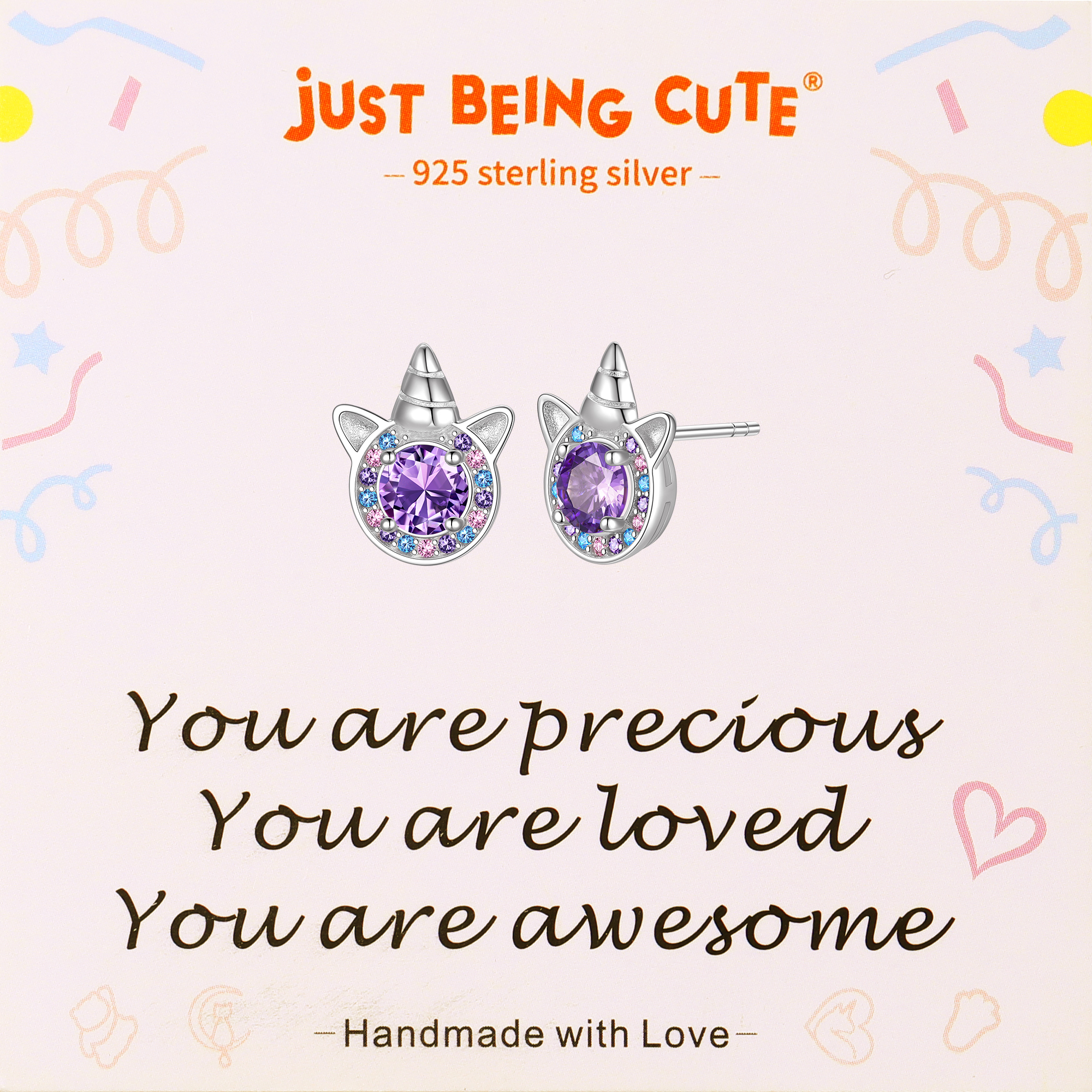 Just Being Cute Unicorn Earrings with Created Diamond, Sterling Silver Stud Earrings Birthstone Crystal Jewelry Gift for Women