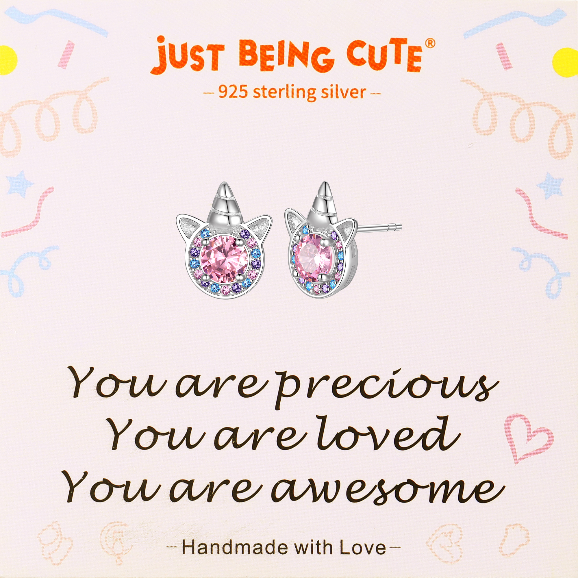 Just Being Cute Unicorn Earrings with Created Diamond, Sterling Silver Stud Earrings Birthstone Crystal Jewelry Gift for Women