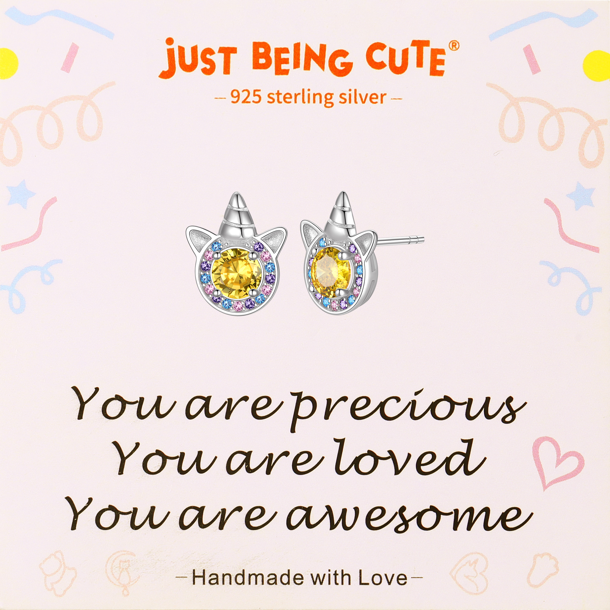 Just Being Cute Unicorn Earrings with Created Diamond, Sterling Silver Stud Earrings Birthstone Crystal Jewelry Gift for Women