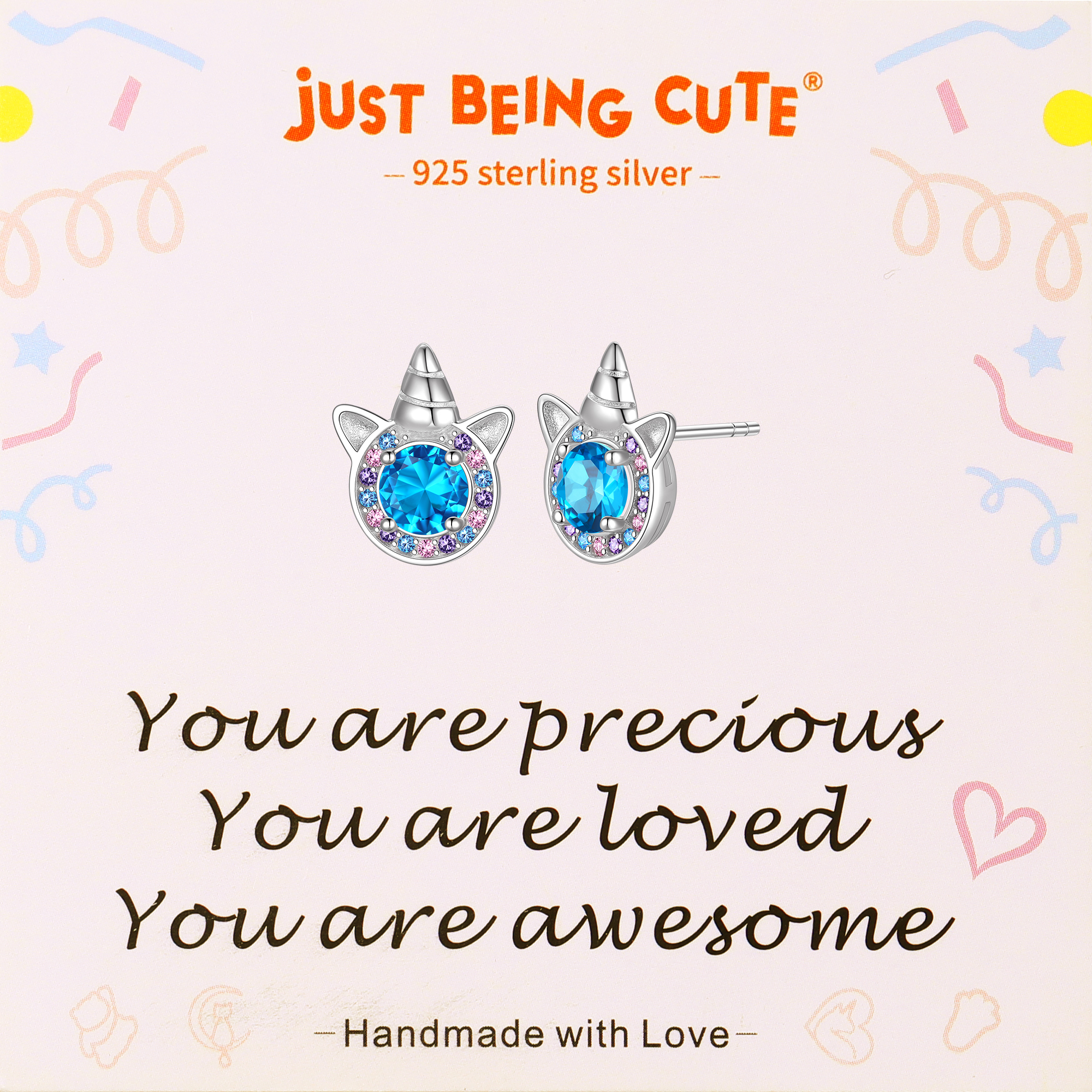Just Being Cute Unicorn Earrings with Created Diamond, Sterling Silver Stud Earrings Birthstone Crystal Jewelry Gift for Women
