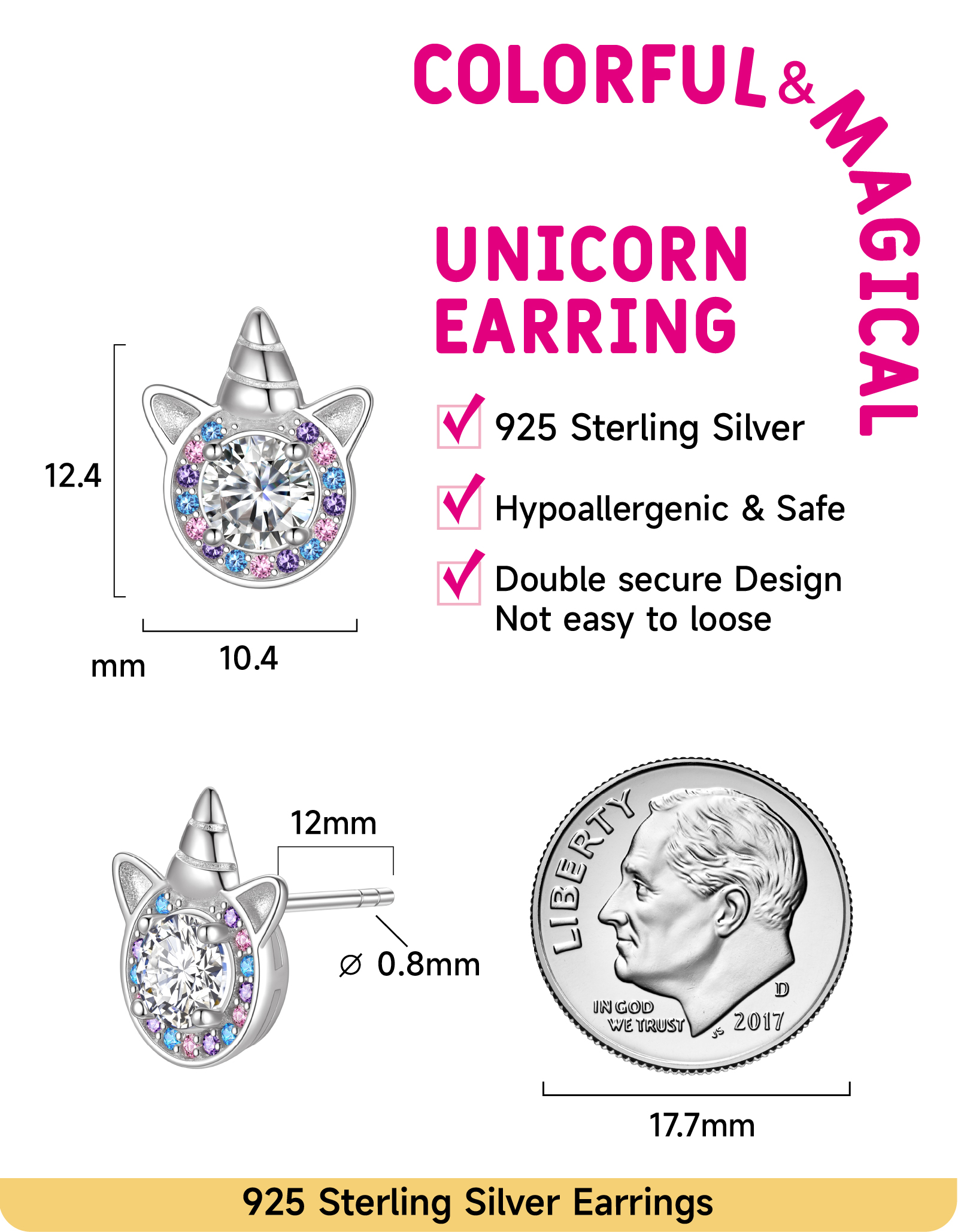Just Being Cute Unicorn Earrings with Created Diamond, Sterling Silver Stud Earrings Birthstone Crystal Jewelry Gift for Women