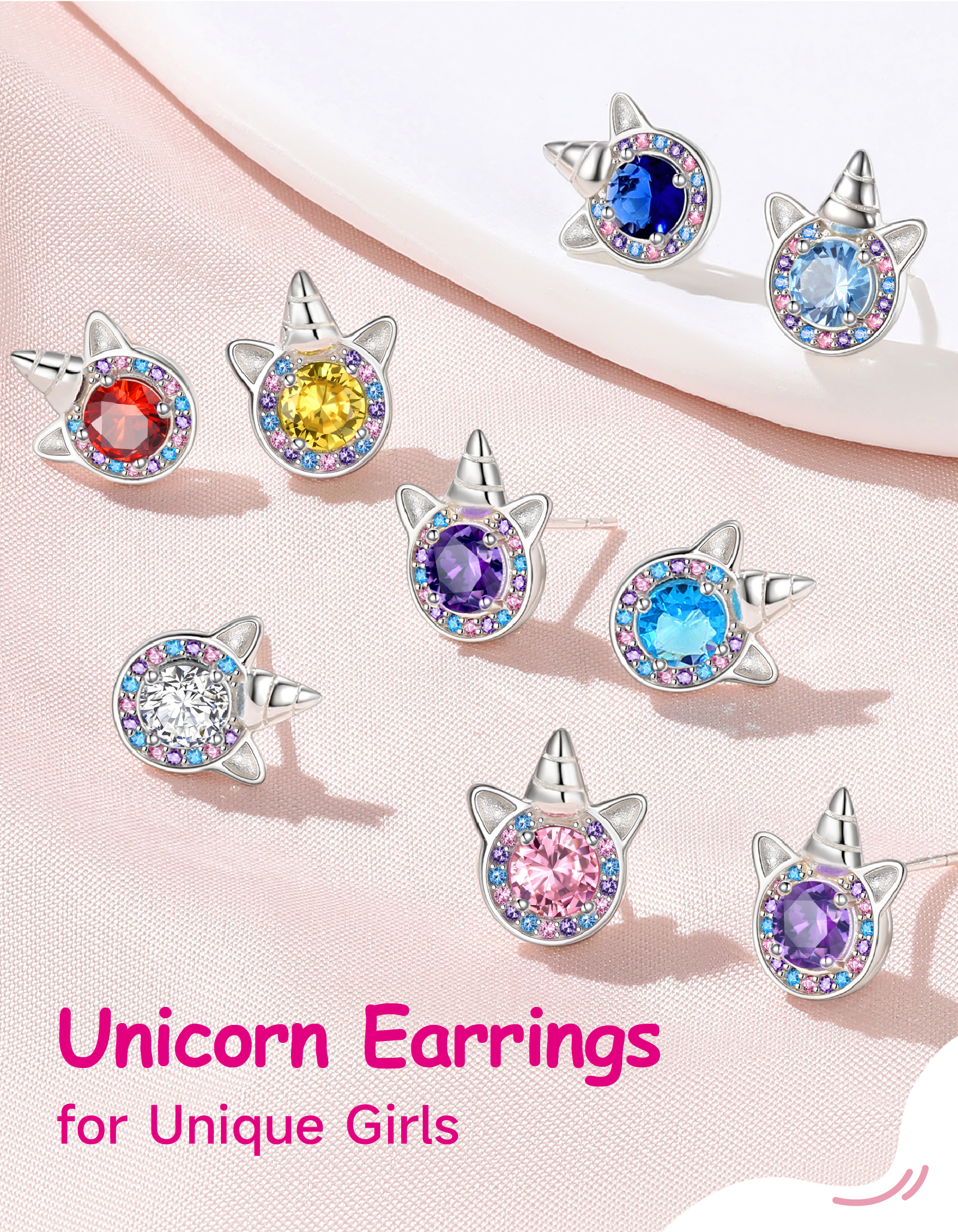 Just Being Cute Unicorn Earrings with Created Diamond, Sterling Silver Stud Earrings Birthstone Crystal Jewelry Gift for Women