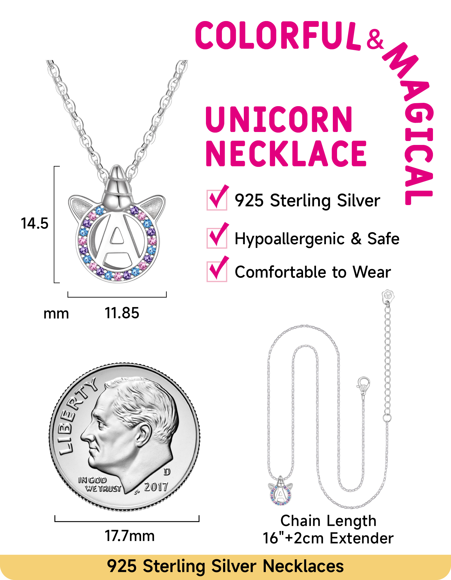 Just Being Cute Initial Unicorn Necklace Gifts for Women Letter A Pendant Sterling Silver Necklace Jewelry for Birthday Christmas