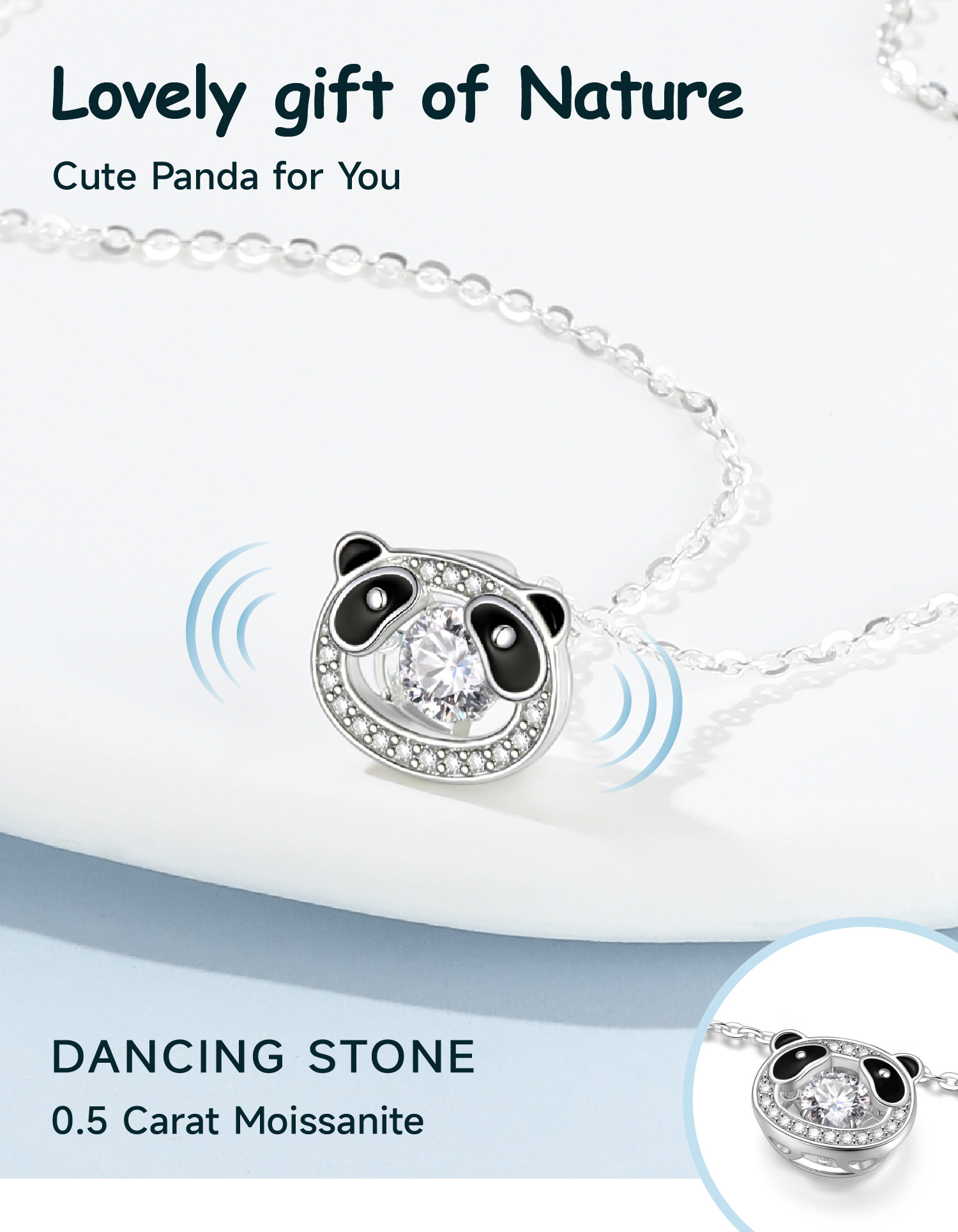 Just Being Cute Panda Necklace for Girls, Moissanite Pendant Necklace for Women 925 Sterling Sliver Dancing Pendnt Birthday Christmas Gifts for Her with Lovely Gift Card