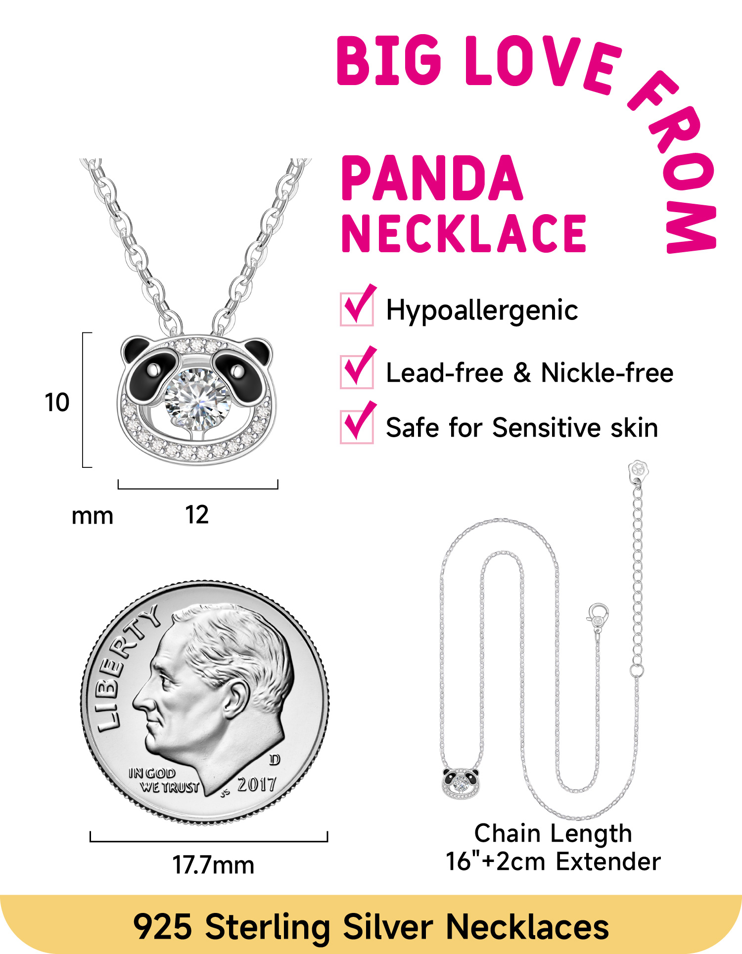 Just Being Cute Panda Necklace for Girls, Moissanite Pendant Necklace for Women 925 Sterling Sliver Dancing Pendnt Birthday Christmas Gifts for Her with Lovely Gift Card