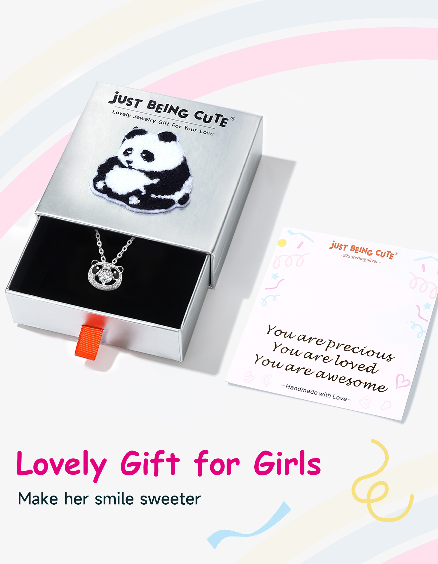 Just Being Cute Panda Necklace for Girls, Moissanite Pendant Necklace for Women 925 Sterling Sliver Dancing Pendnt Birthday Christmas Gifts for Her with Lovely Gift Card