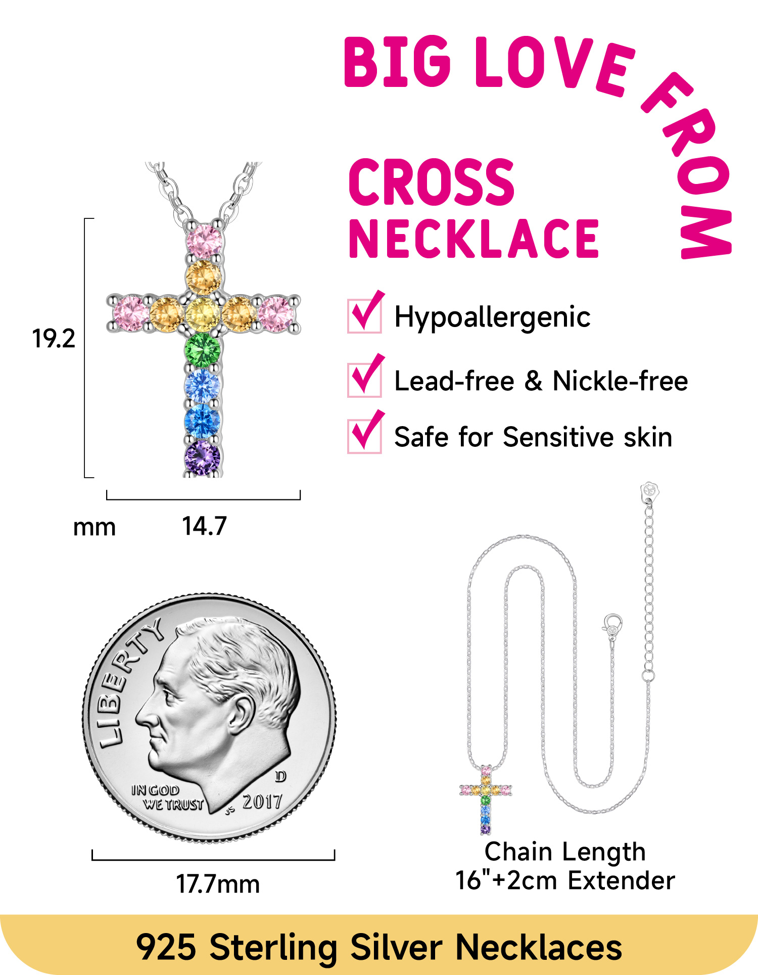 Just Being Cute Cross Necklace for Women, Cross of Colorful Cubic Zircon Pendant Necklace Jewelry Gifts, Hypoallergenic 925 Sterling Silver Necklaces God Bless You Christmas Birthday Gifts with Card