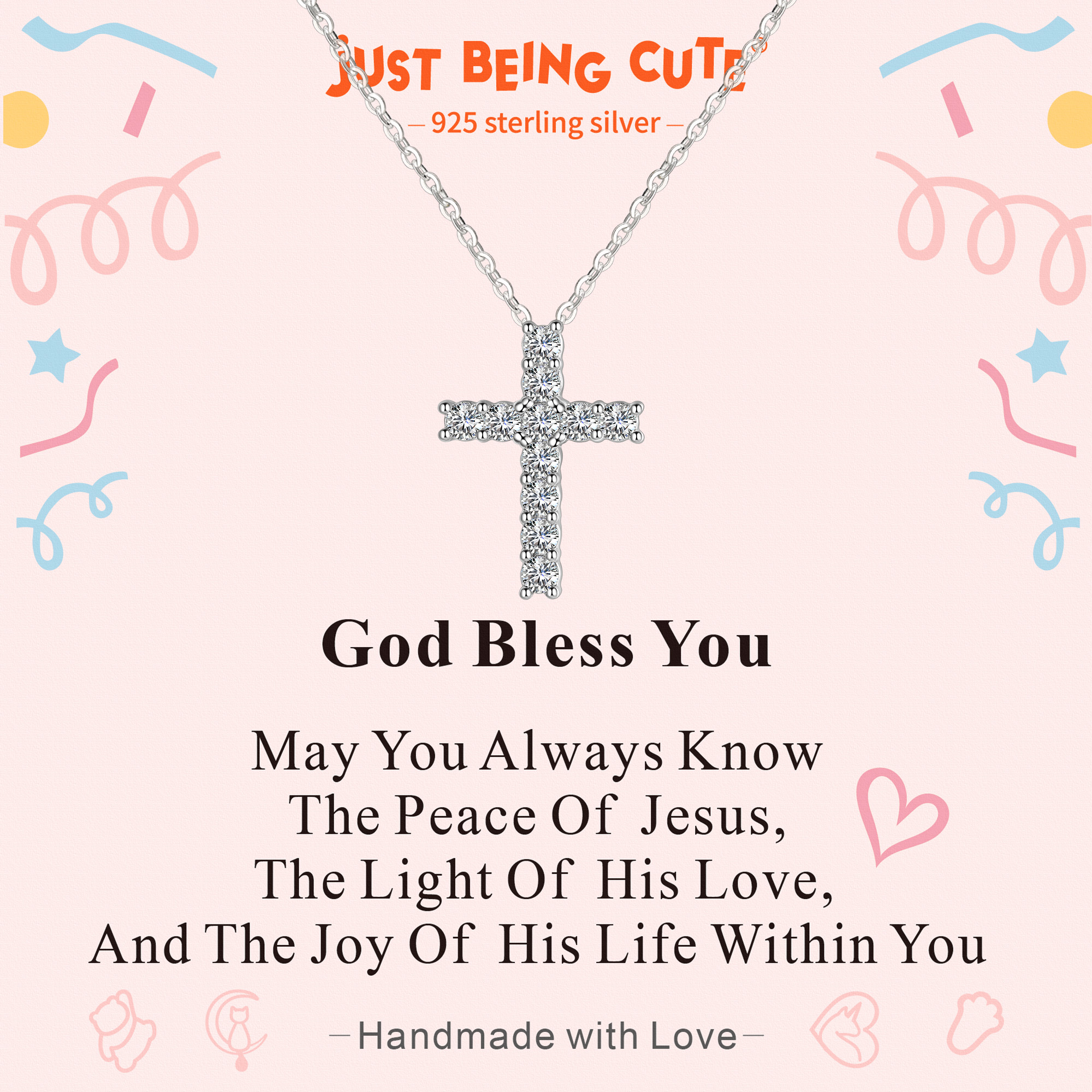 Just Being Cute Silver Cross Necklace for Women, Cross of Cubic Zircon Pendant Necklace God Bless You Christmas Birthday Jewelry Gifts with Card
