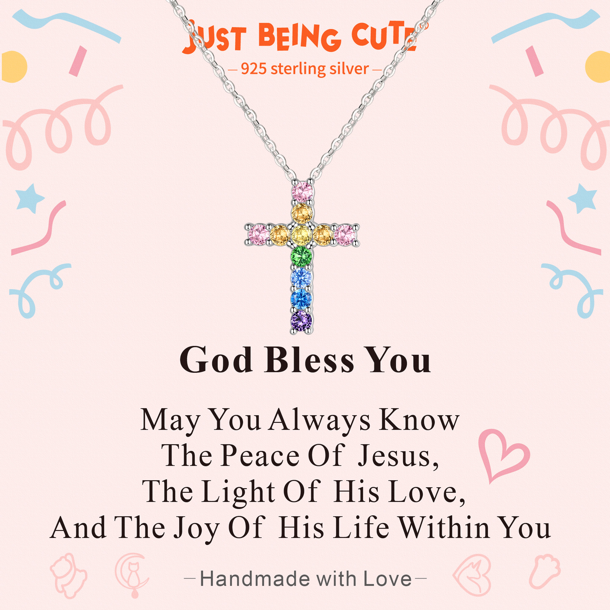 Just Being Cute Cross Necklace for Women, Cross of Colorful Cubic Zircon Pendant Necklace Jewelry Gifts, Hypoallergenic 925 Sterling Silver Necklaces God Bless You Christmas Birthday Gifts with Card