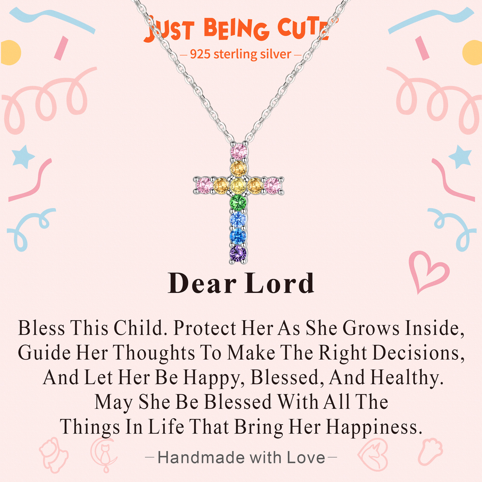 Just Being Cute Cross Necklace for Women, Cross of Colorful Cubic Zircon Pendant Necklace Jewelry Gifts, Hypoallergenic 925 Sterling Silver Necklaces God Bless You Christmas Birthday Gifts with Card