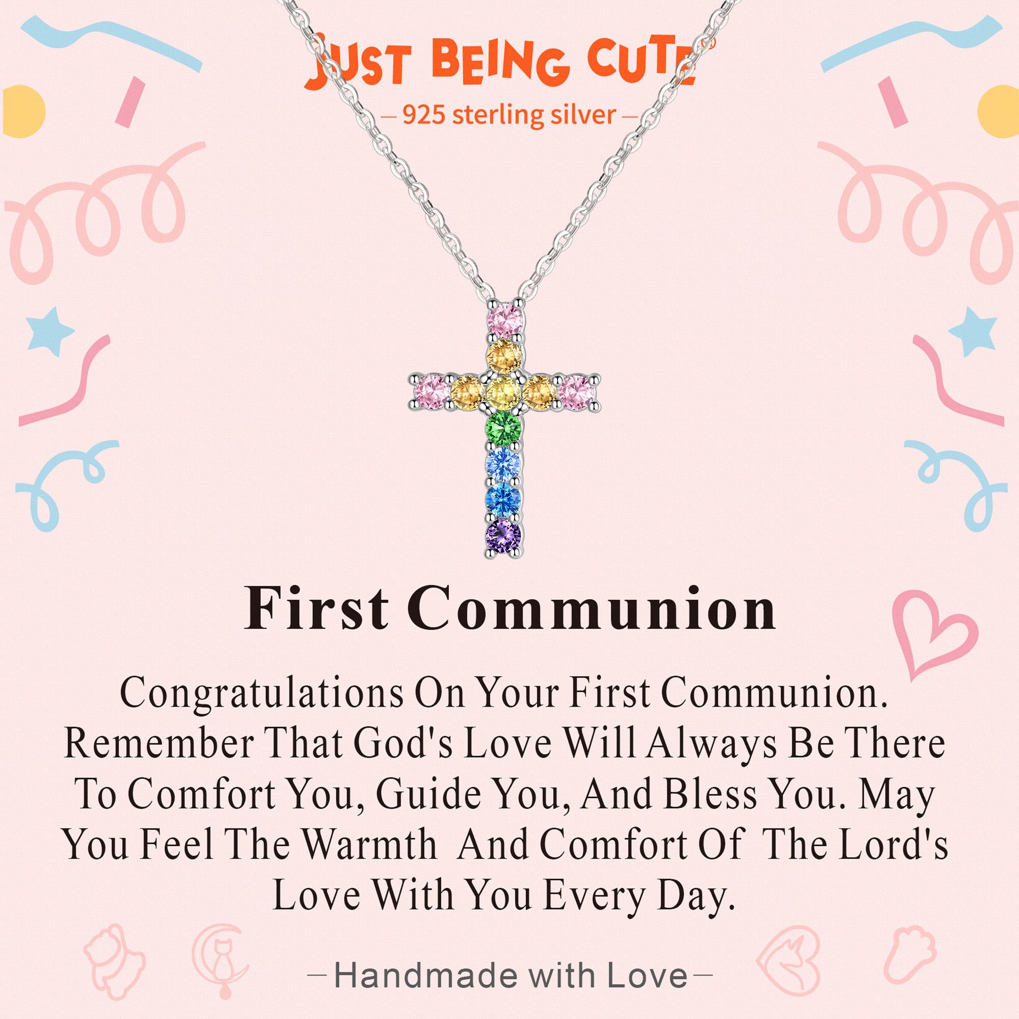 Just Being Cute Cross Necklace for Women, Cross of Colorful Cubic Zircon Pendant Necklace Jewelry Gifts, Hypoallergenic 925 Sterling Silver Necklaces God Bless You Christmas Birthday Gifts with Card