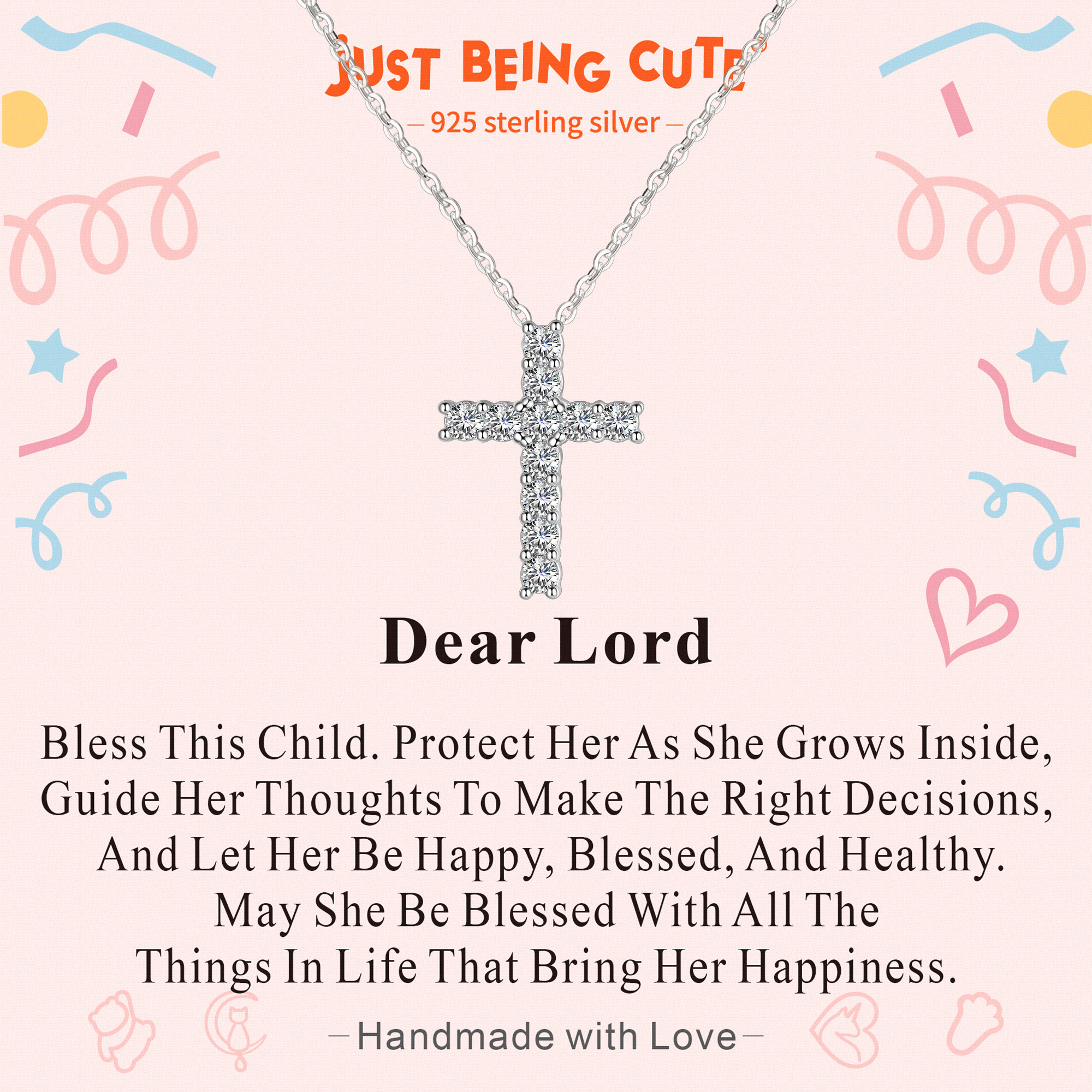 Just Being Cute Silver Cross Necklace for Women, Cross of Cubic Zircon Pendant Necklace God Bless You Christmas Birthday Jewelry Gifts with Card