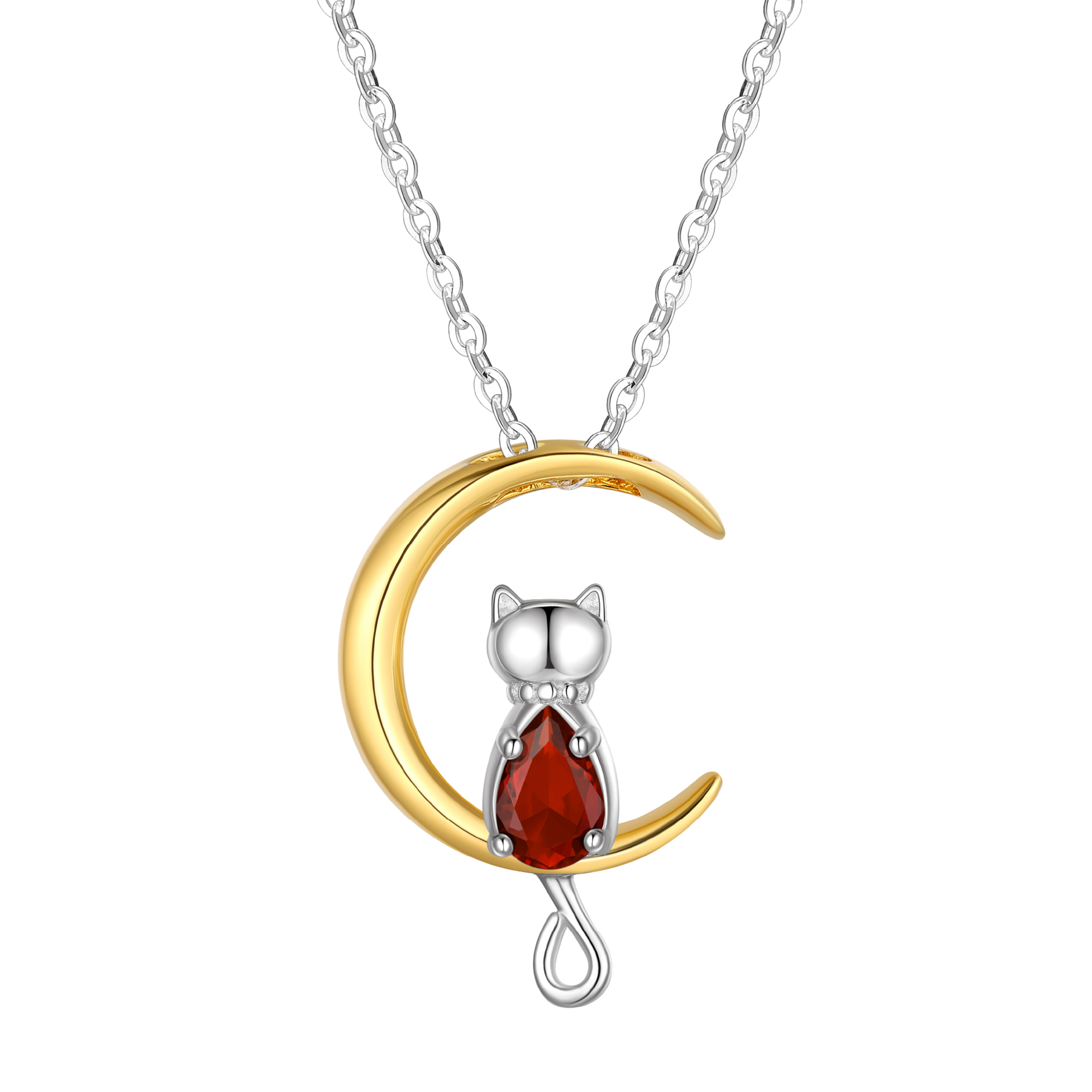 Just Being Cute Teen Girls Sterling Silver Cat Moon Necklace with Birthstone, Women's Garnet Pendant Jewelry Gifts for Love Girlfriend Daughter Sister