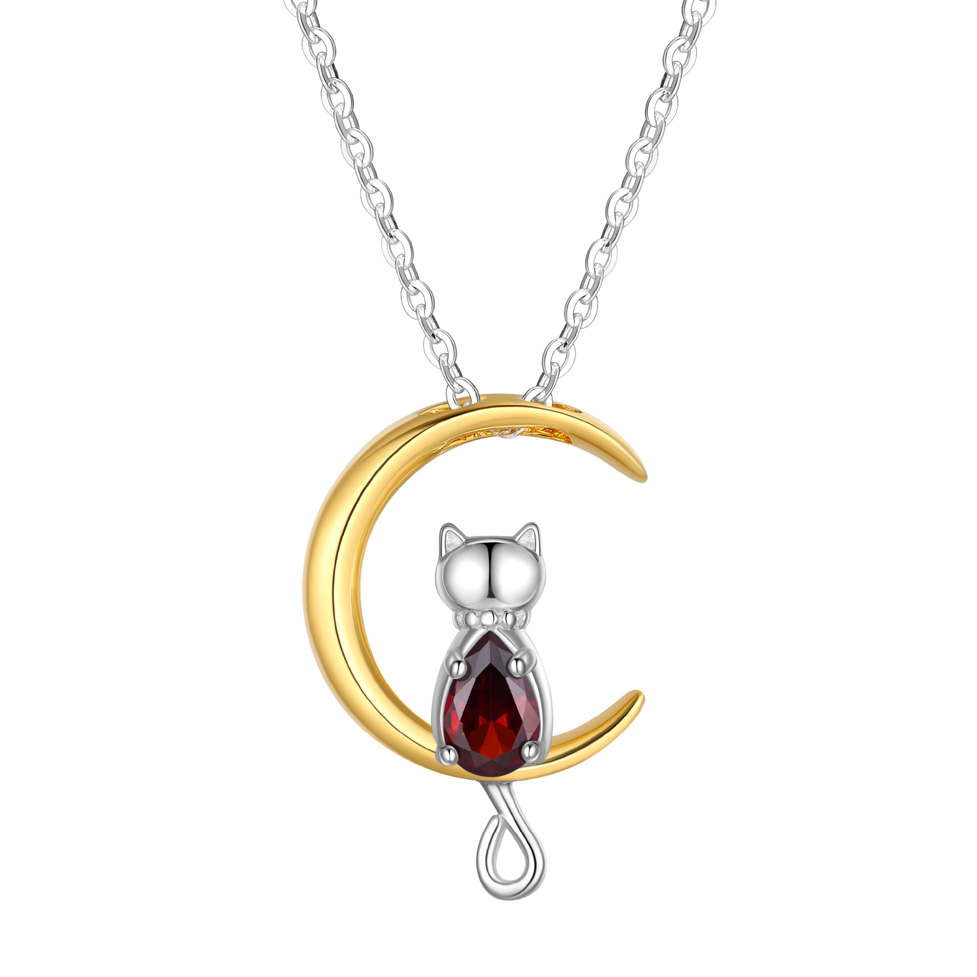Just Being Cute Teen Girls Sterling Silver Cat Moon Necklace with Birthstone, Women's Garnet Pendant Jewelry Gifts for Love Girlfriend Daughter Sister