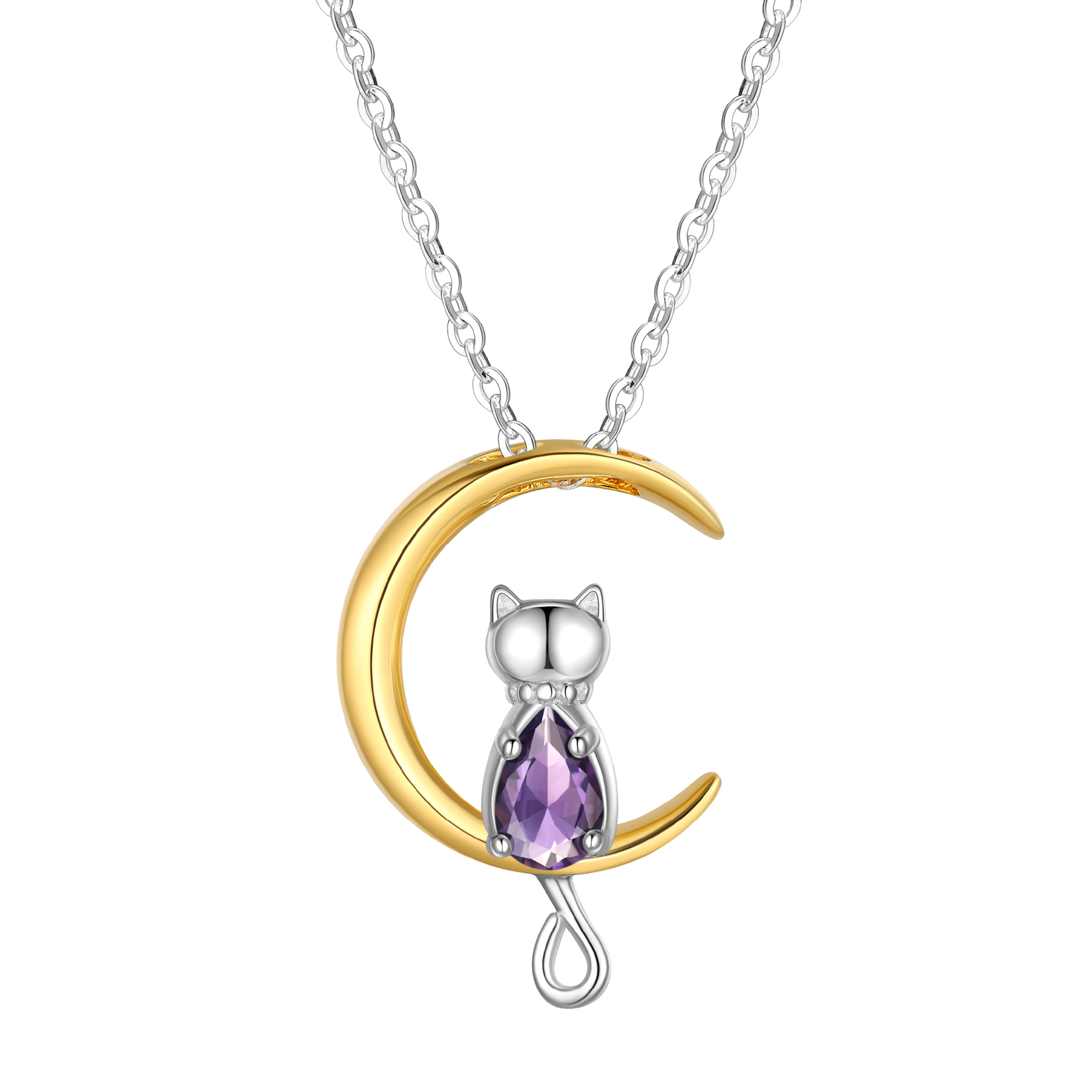 Just Being Cute Teen Girls Sterling Silver Cat Moon Necklace with Birthstone, Women's Garnet Pendant Jewelry Gifts for Love Girlfriend Daughter Sister