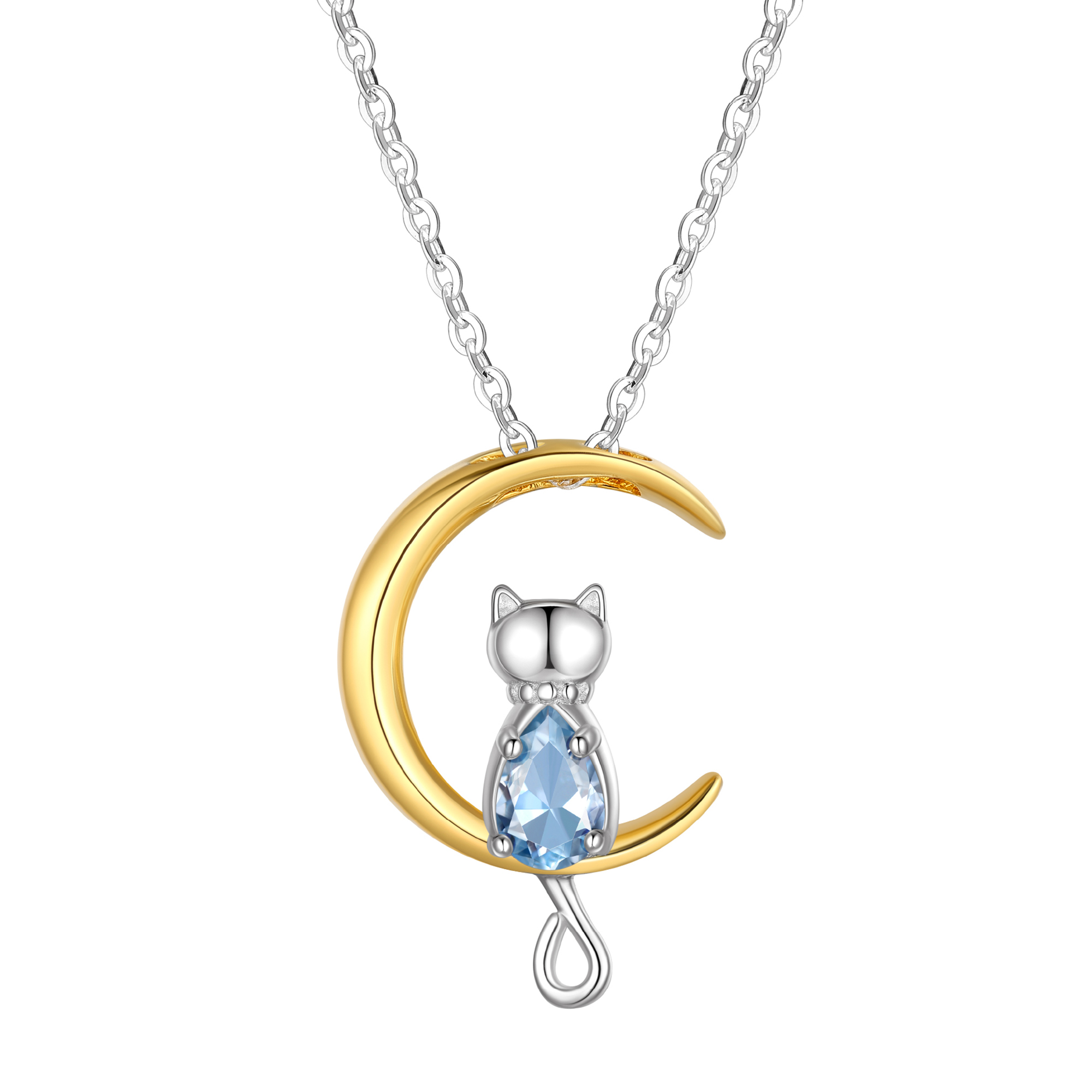 Just Being Cute Teen Girls Sterling Silver Cat Moon Necklace with Birthstone, Women's Garnet Pendant Jewelry Gifts for Love Girlfriend Daughter Sister