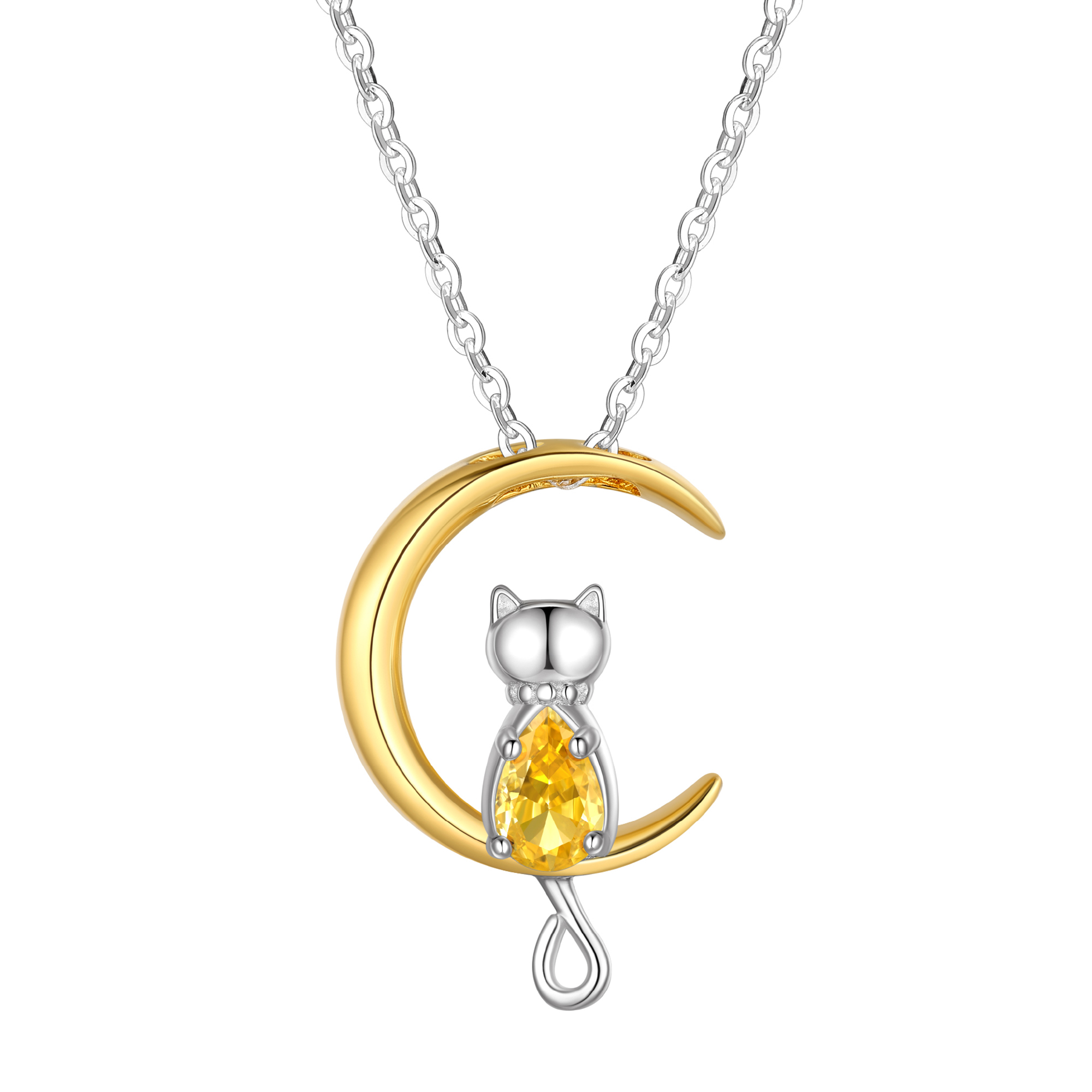 Just Being Cute Teen Girls Sterling Silver Cat Moon Necklace with Birthstone, Women's Garnet Pendant Jewelry Gifts for Love Girlfriend Daughter Sister