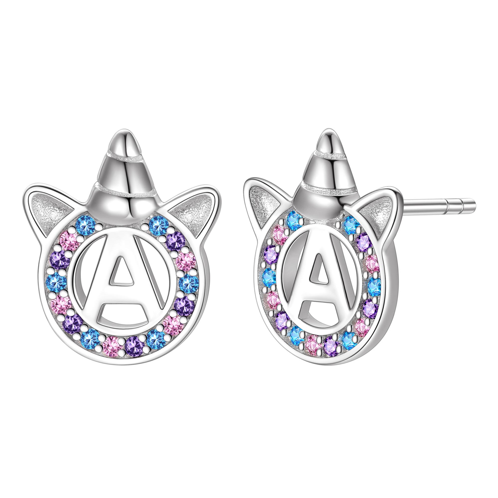 Just Being Cute Unicorn Earrings for Girls Women, Initial Letter A Stud Earrings for Love with Colorful Crystal 925 Sterling Silver Jewelry Gifts for Birthday