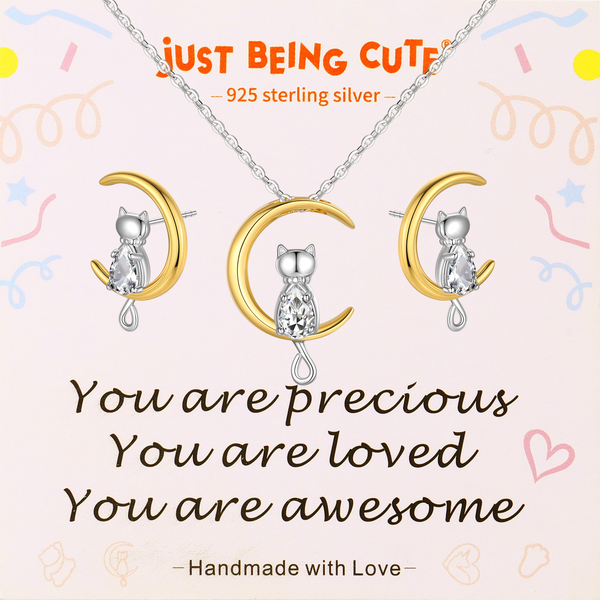Just Being Cute Birthstone Necklace and Earrings for Women, 925 Sterling Silver Plated Cat Jewelry Sets Created Diamond Birthstone Pendant Necklaces Earrings Set Gifts for Birthday Mother's Day
