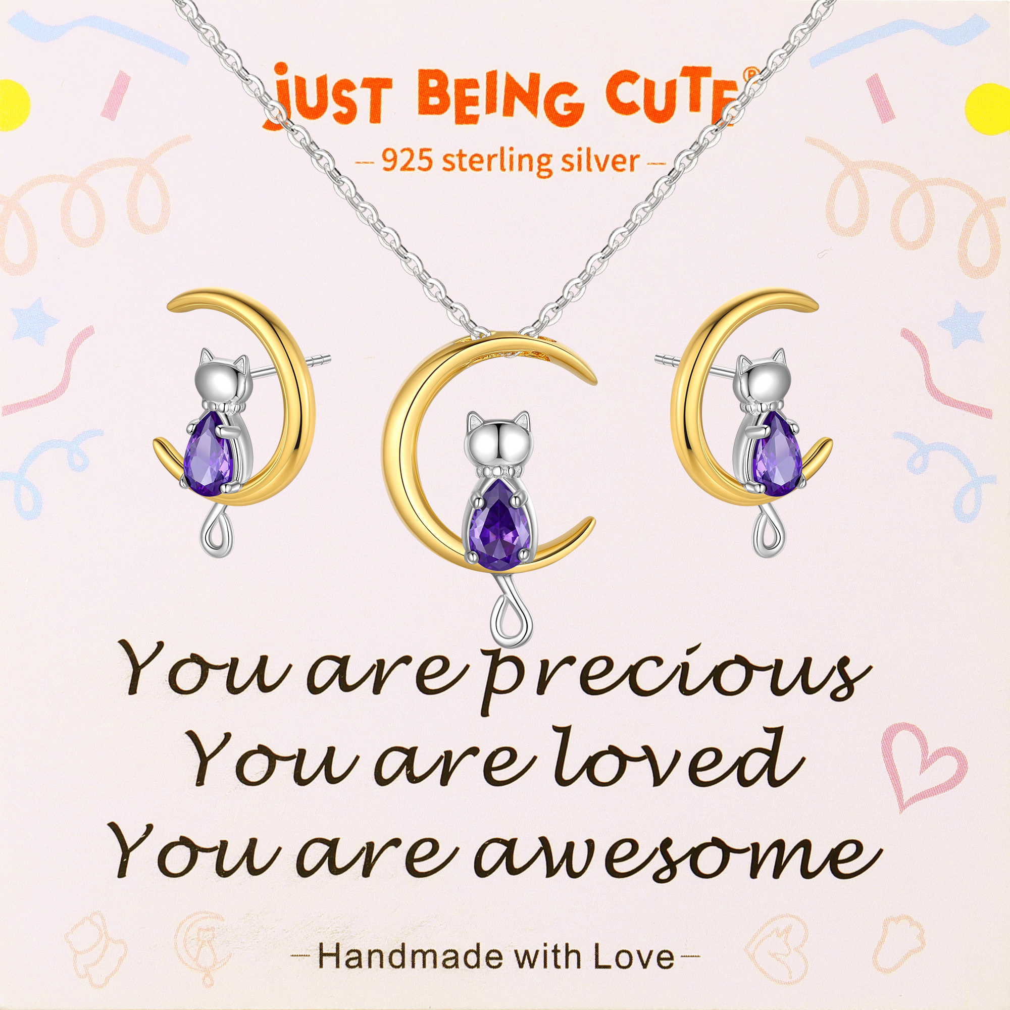 Just Being Cute Birthstone Necklace and Earrings for Women, 925 Sterling Silver Plated Cat Jewelry Sets Created Diamond Birthstone Pendant Necklaces Earrings Set Gifts for Birthday Mother's Day