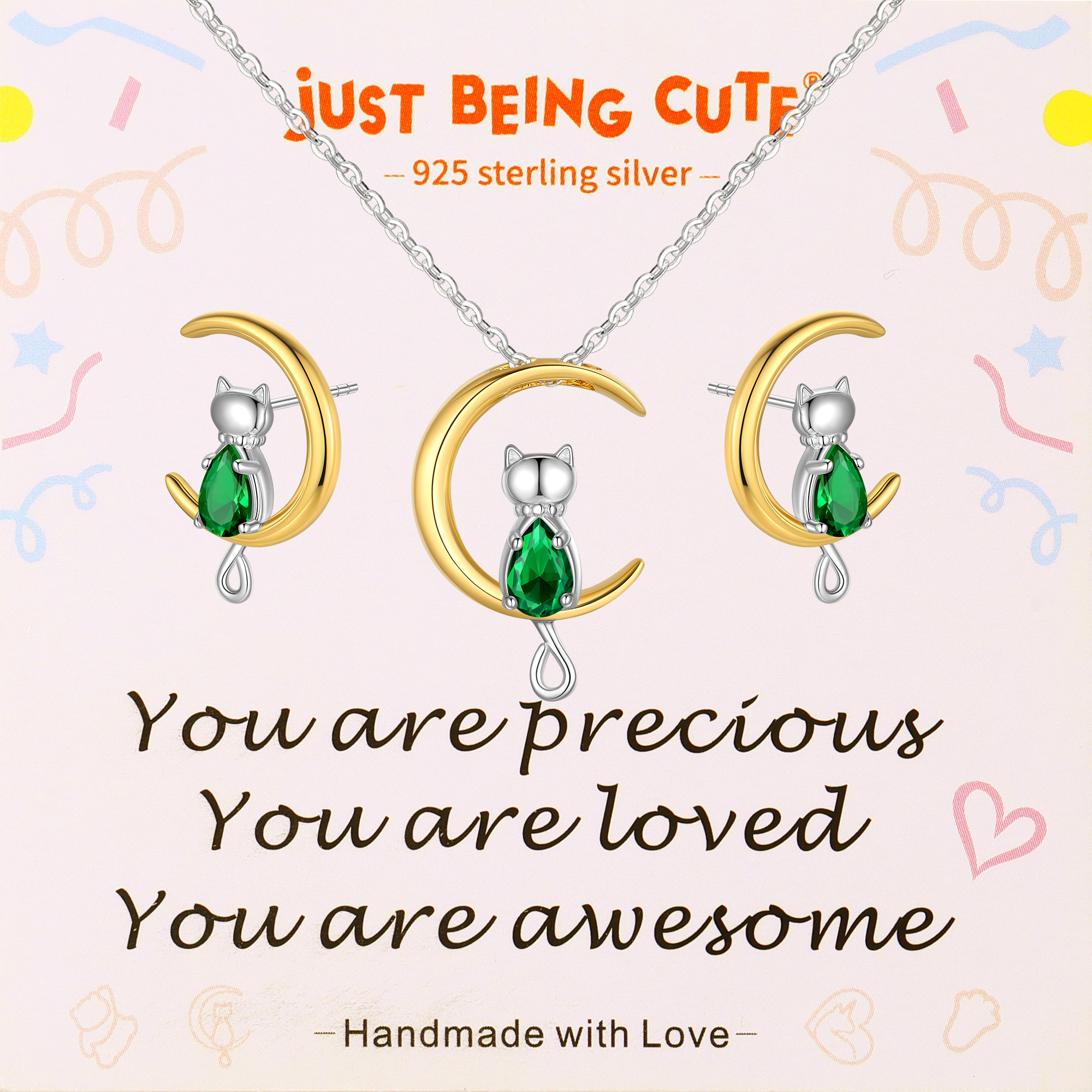 Just Being Cute Birthstone Necklace and Earrings for Women, 925 Sterling Silver Plated Cat Jewelry Sets Created Diamond Birthstone Pendant Necklaces Earrings Set Gifts for Birthday Mother's Day
