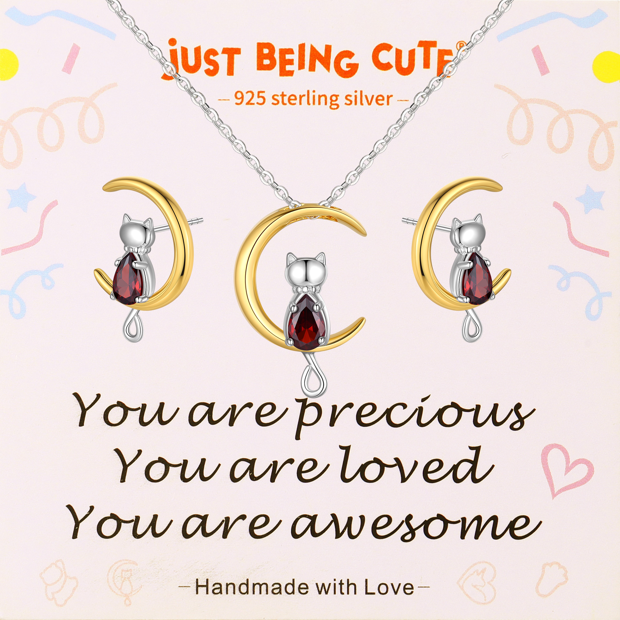 Just Being Cute Birthstone Necklace and Earrings for Women, 925 Sterling Silver Plated Cat Jewelry Sets Created Diamond Birthstone Pendant Necklaces Earrings Set Gifts for Birthday Mother's Day