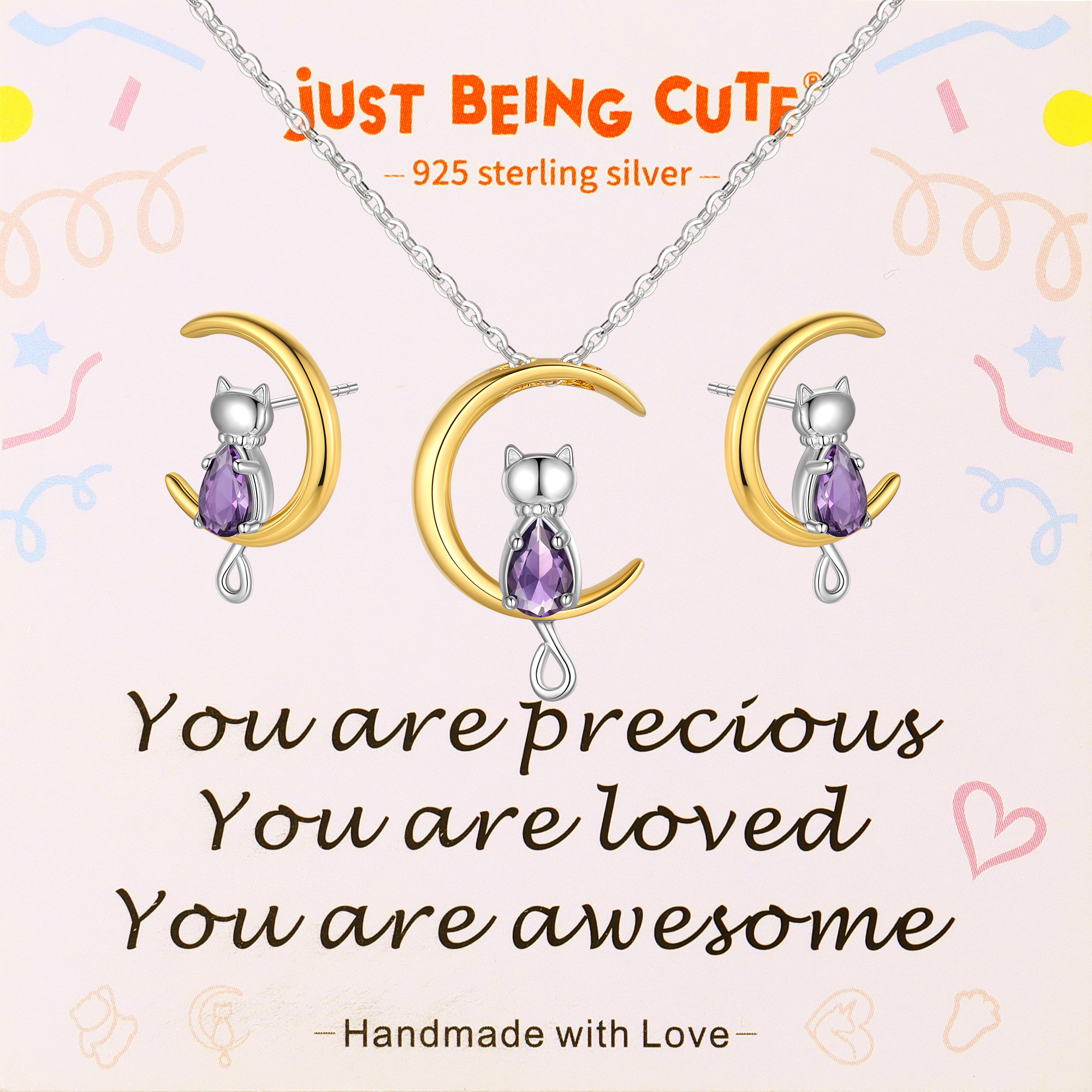 Just Being Cute Birthstone Necklace and Earrings for Women, 925 Sterling Silver Plated Cat Jewelry Sets Created Diamond Birthstone Pendant Necklaces Earrings Set Gifts for Birthday Mother's Day