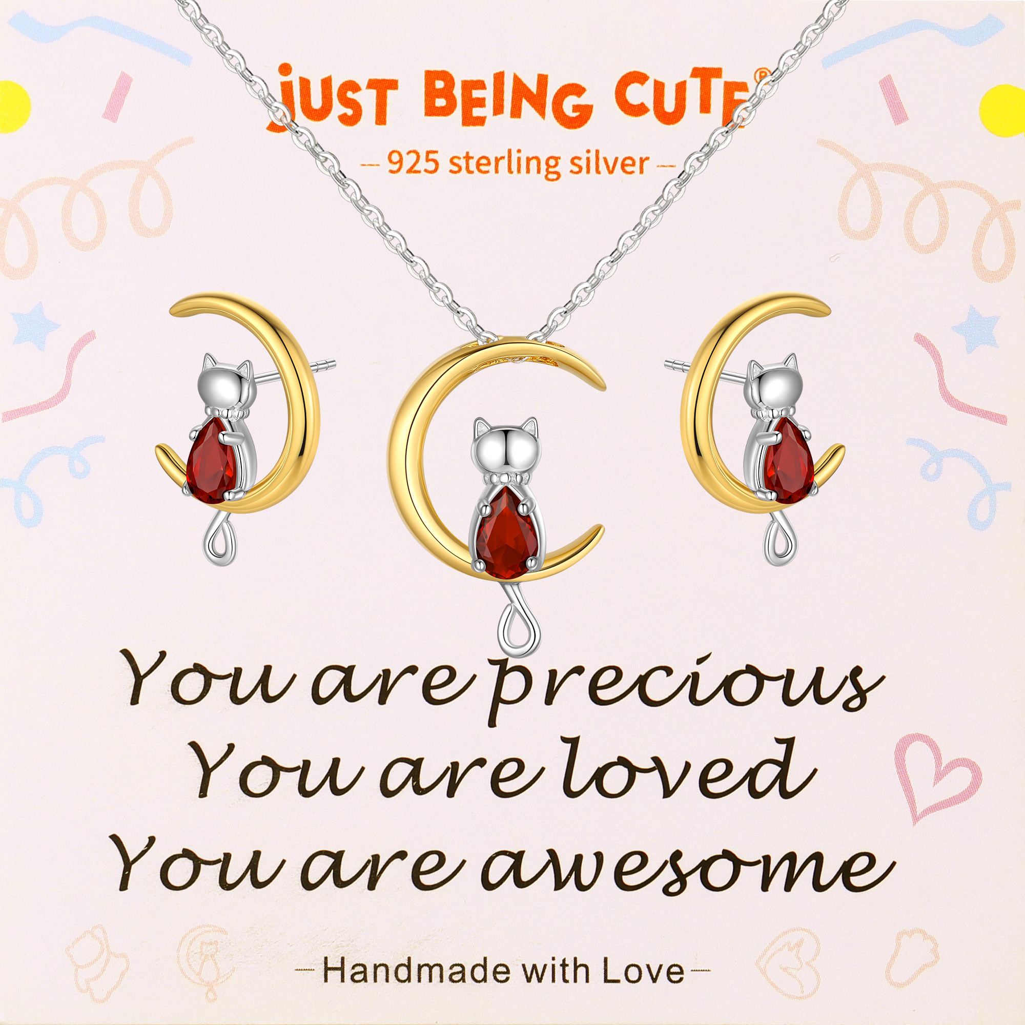 Just Being Cute Birthstone Necklace and Earrings for Women, 925 Sterling Silver Plated Cat Jewelry Sets Created Diamond Birthstone Pendant Necklaces Earrings Set Gifts for Birthday Mother's Day