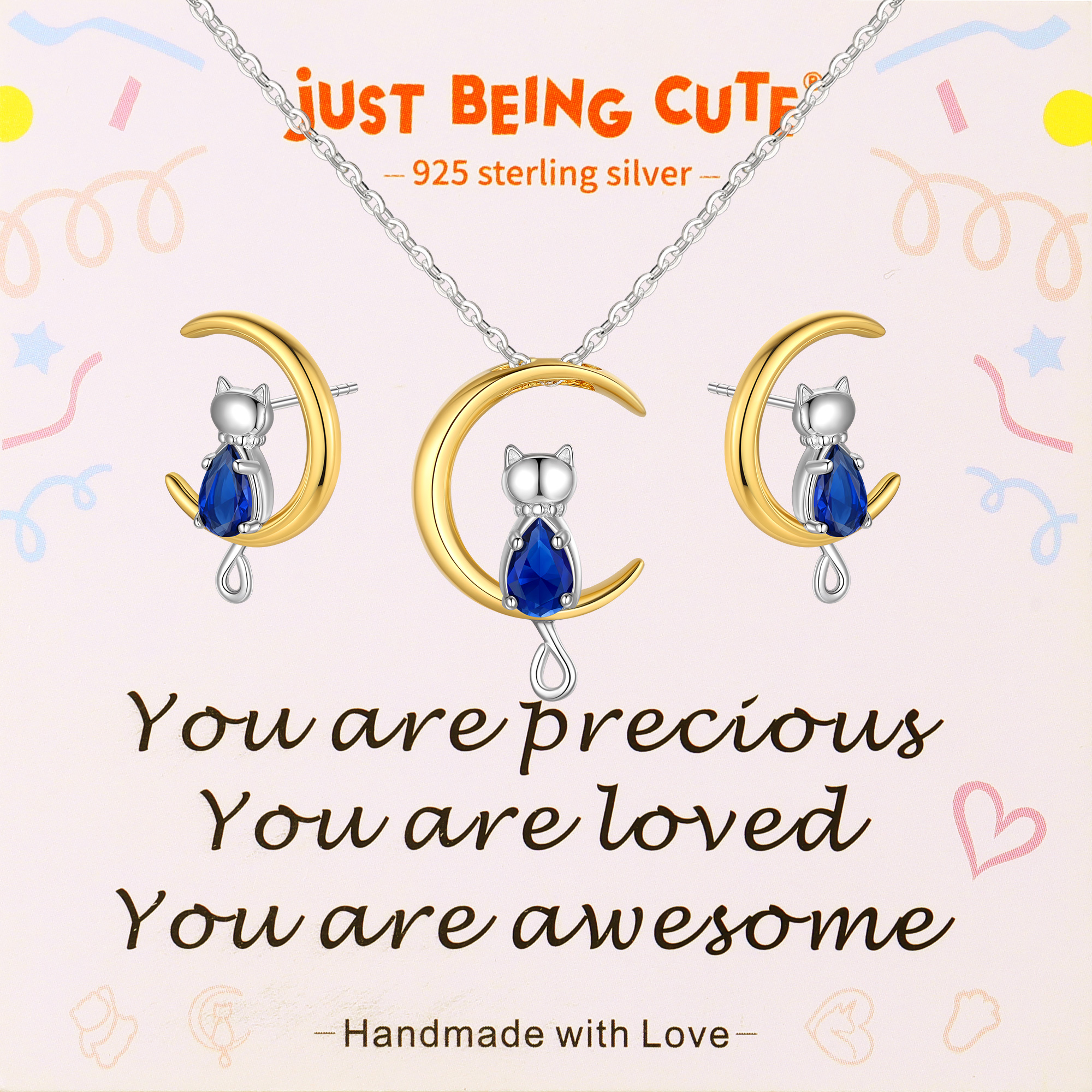 Just Being Cute Birthstone Necklace and Earrings for Women, 925 Sterling Silver Plated Cat Jewelry Sets Created Diamond Birthstone Pendant Necklaces Earrings Set Gifts for Birthday Mother's Day