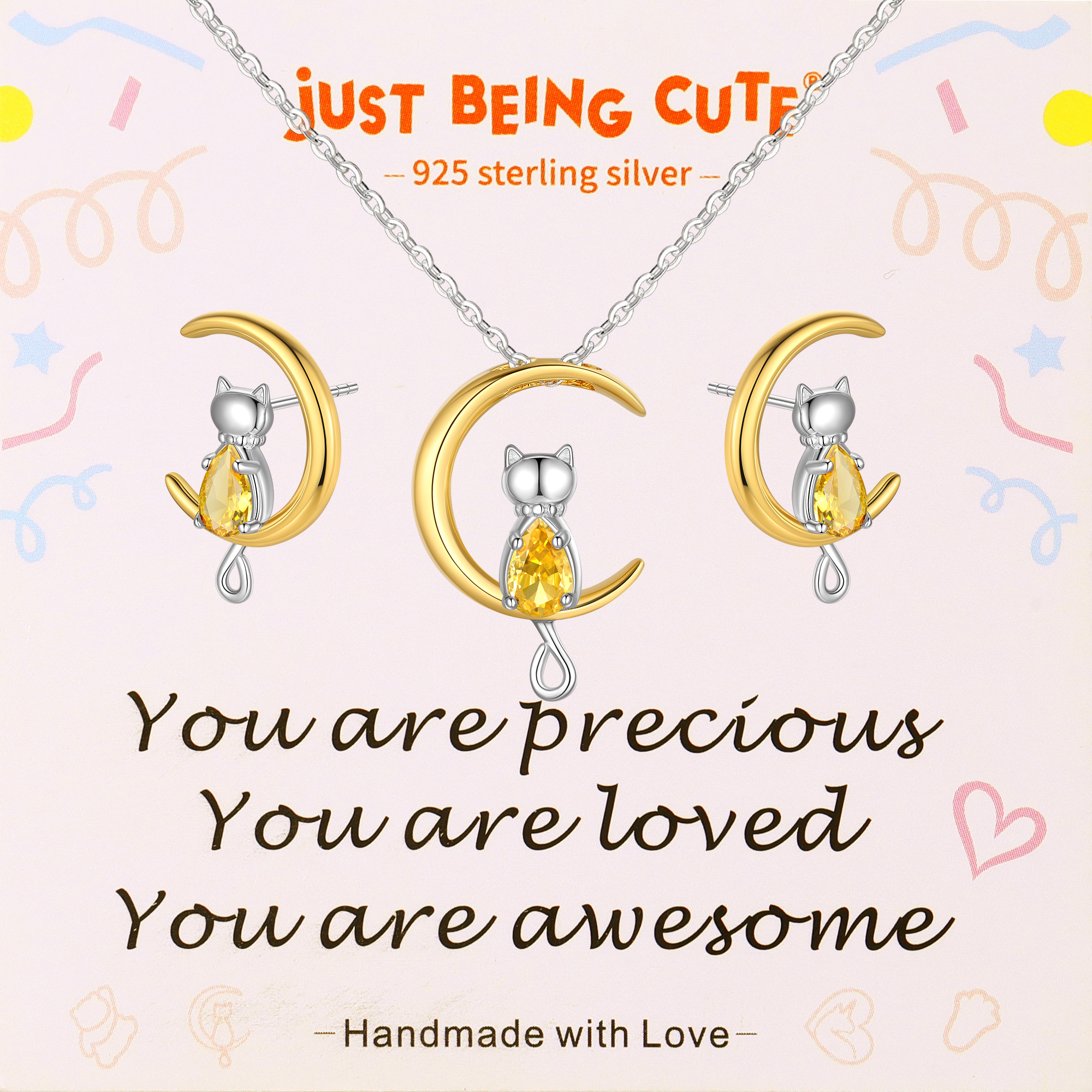 Just Being Cute Birthstone Necklace and Earrings for Women, 925 Sterling Silver Plated Cat Jewelry Sets Created Diamond Birthstone Pendant Necklaces Earrings Set Gifts for Birthday Mother's Day