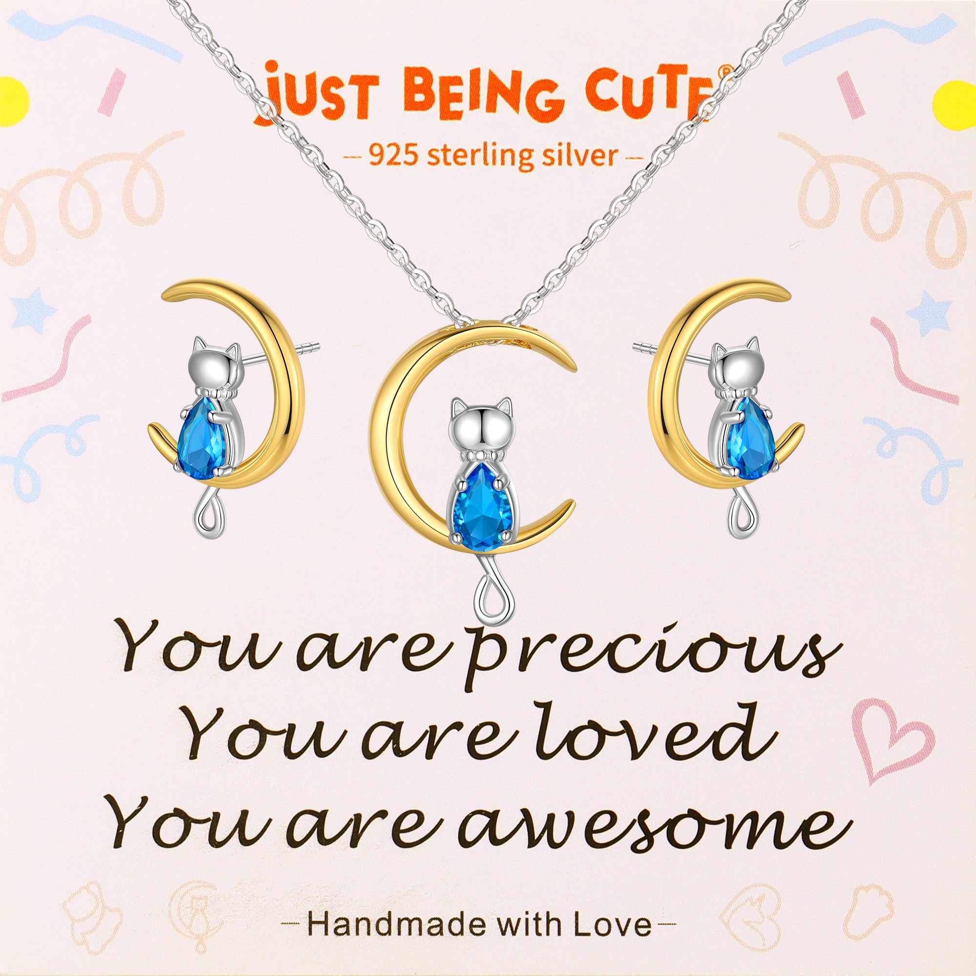 Just Being Cute Birthstone Necklace and Earrings for Women, 925 Sterling Silver Plated Cat Jewelry Sets Created Diamond Birthstone Pendant Necklaces Earrings Set Gifts for Birthday Mother's Day