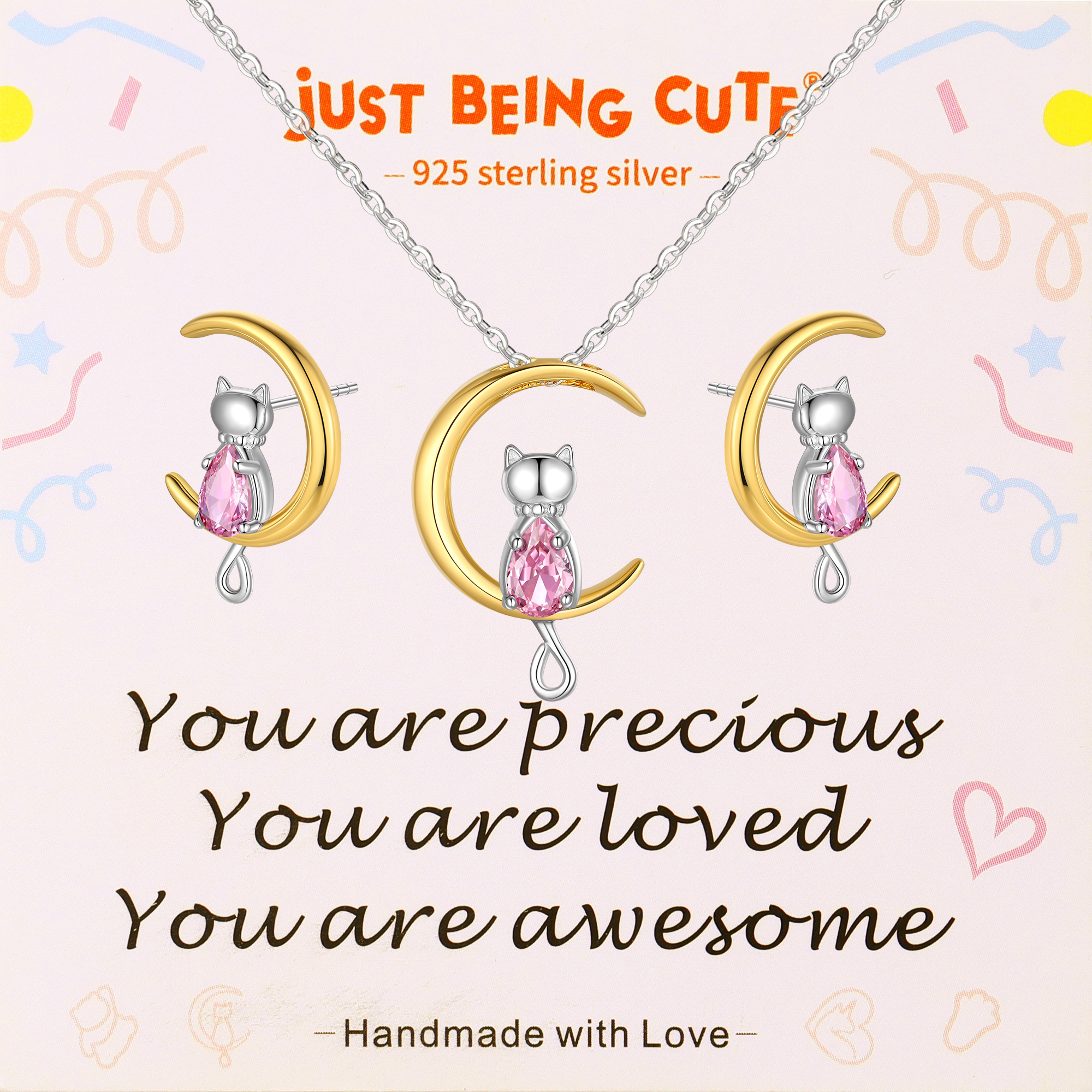Just Being Cute Birthstone Necklace and Earrings for Women, 925 Sterling Silver Plated Cat Jewelry Sets Created Diamond Birthstone Pendant Necklaces Earrings Set Gifts for Birthday Mother's Day