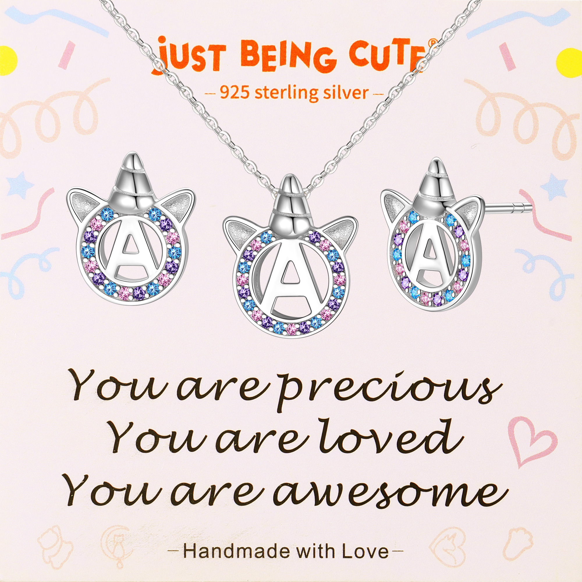 Just Being Cute Jewelry Sets for Women, Initial Unicorn Necklace and Earrings Set for Women Letter A Pendant Hypoallergenic 925 Sterling Silver Colorful CZ Unicorn Gifts for Mother's Day Birthday