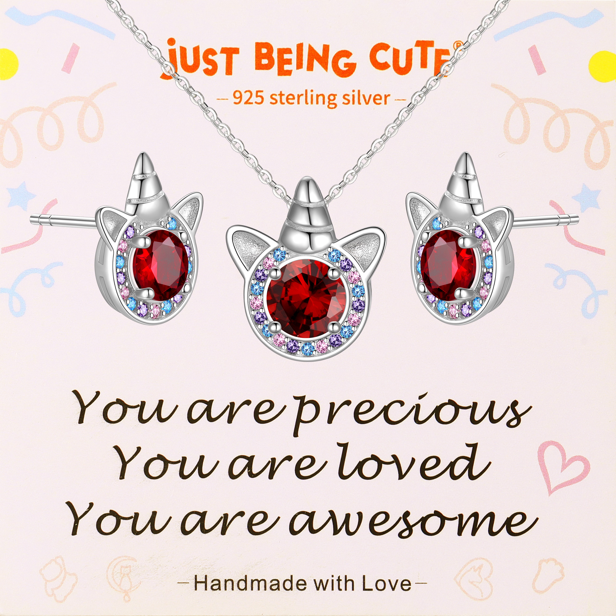 Just Being Cute Unicorn Gift Sets for Women, Cubic Zirconia Created Diamond Birthstone Pendant Necklace and Studs Earrings Unicorn Jewelry Sets Birthday Christmas Gifts