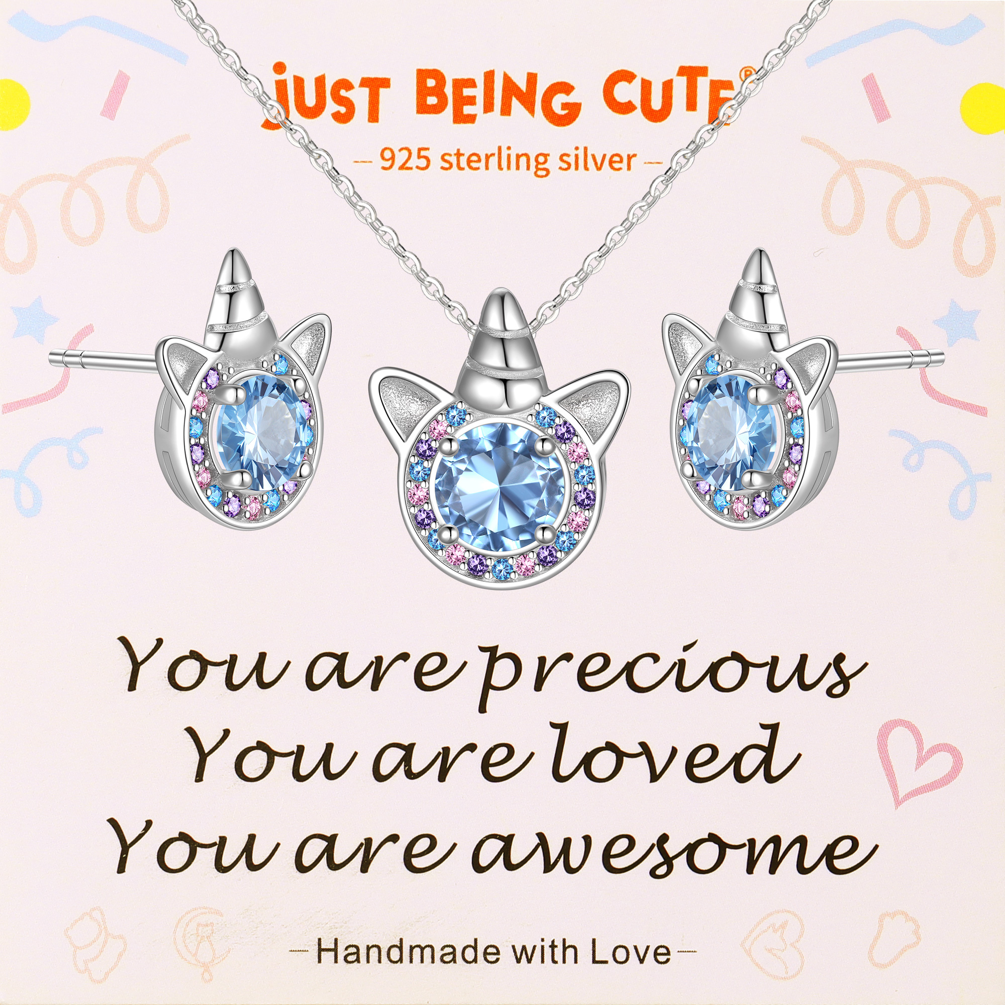 Just Being Cute Unicorn Gift Sets for Women, Cubic Zirconia Created Diamond Birthstone Pendant Necklace and Studs Earrings Unicorn Jewelry Sets Birthday Christmas Gifts