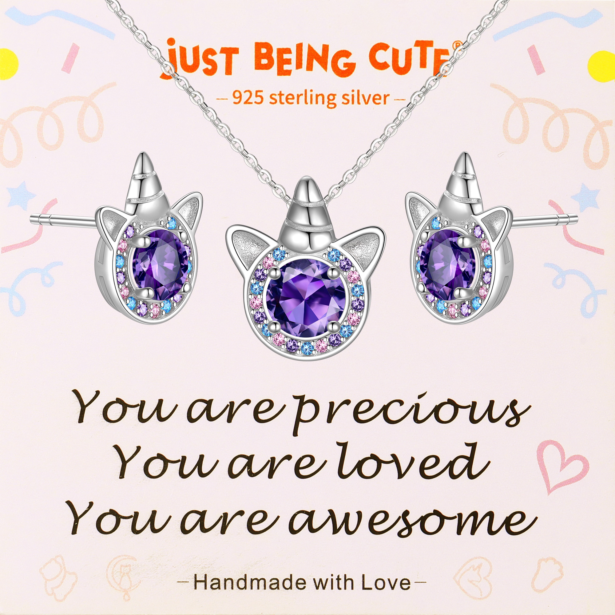 Just Being Cute Unicorn Gift Sets for Women, Cubic Zirconia Created Diamond Birthstone Pendant Necklace and Studs Earrings Unicorn Jewelry Sets Birthday Christmas Gifts