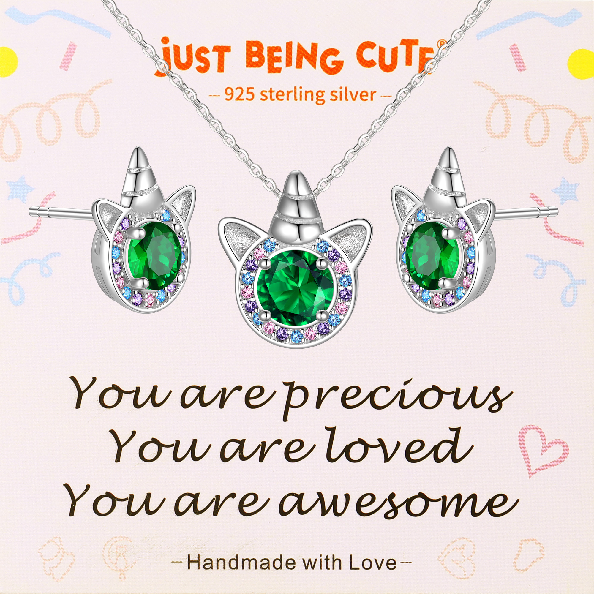Just Being Cute Unicorn Gift Sets for Women, Cubic Zirconia Created Diamond Birthstone Pendant Necklace and Studs Earrings Unicorn Jewelry Sets Birthday Christmas Gifts