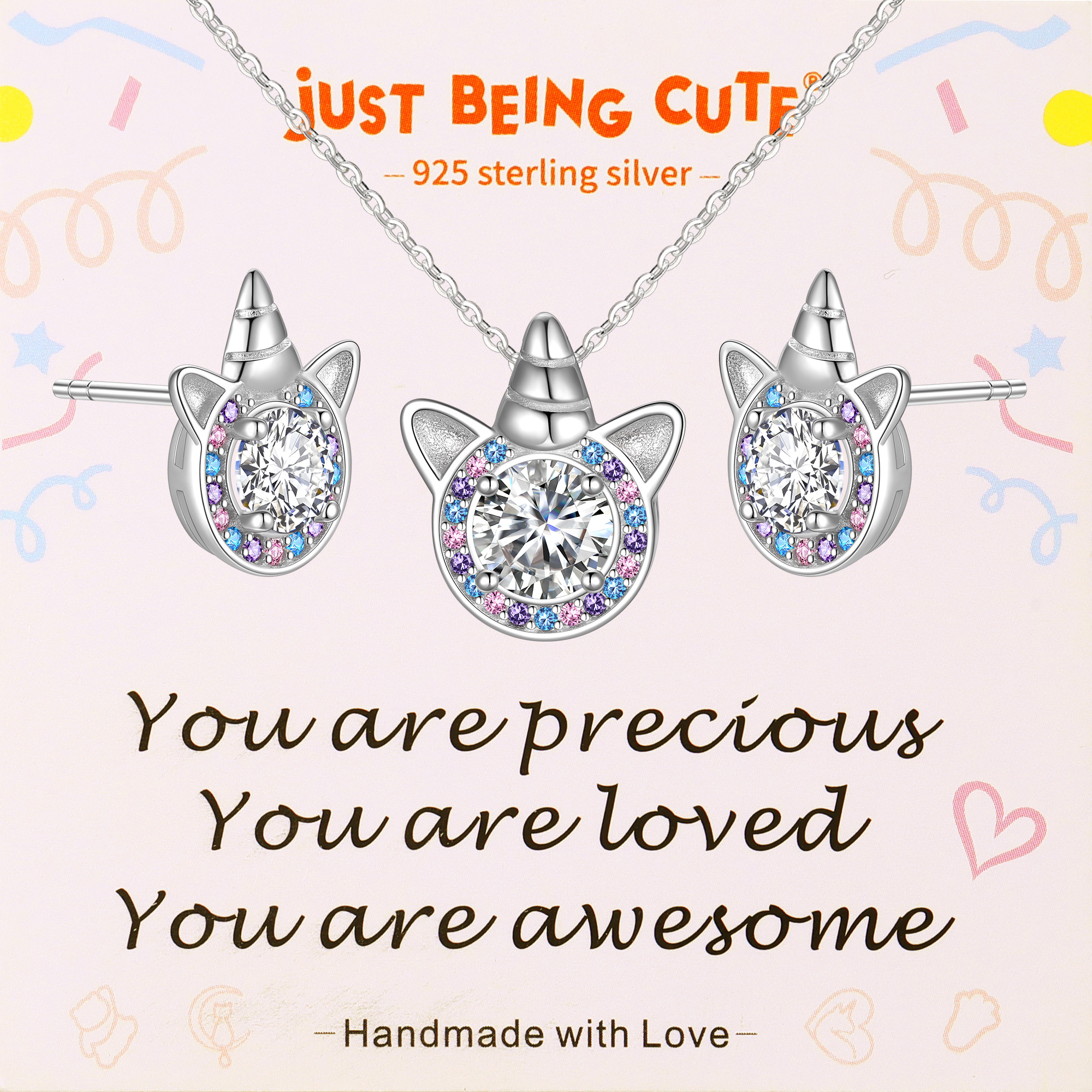 Just Being Cute Unicorn Gift Sets for Women, Cubic Zirconia Created Diamond Birthstone Pendant Necklace and Studs Earrings Unicorn Jewelry Sets Birthday Christmas Gifts