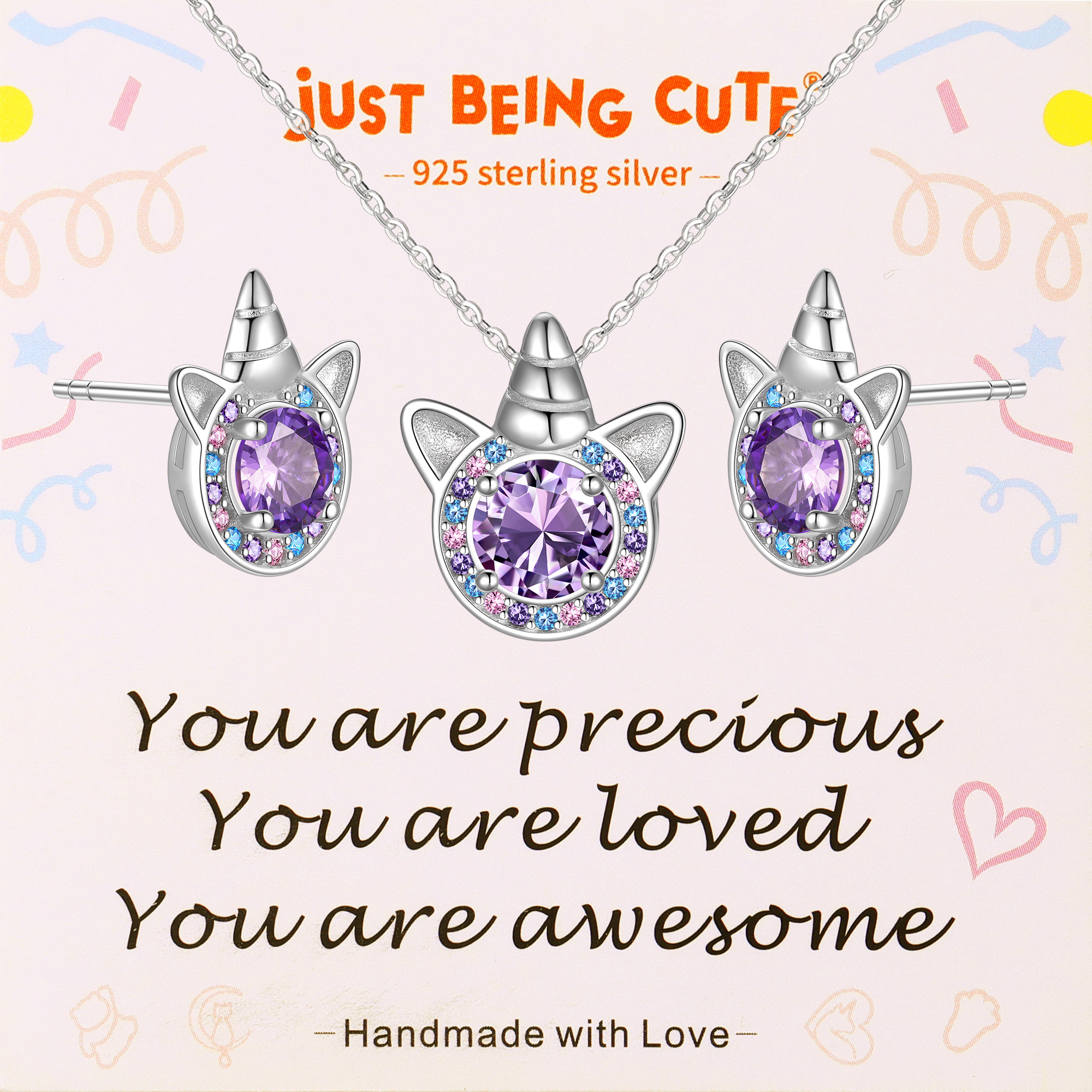 Just Being Cute Unicorn Gift Sets for Women, Cubic Zirconia Created Diamond Birthstone Pendant Necklace and Studs Earrings Unicorn Jewelry Sets Birthday Christmas Gifts
