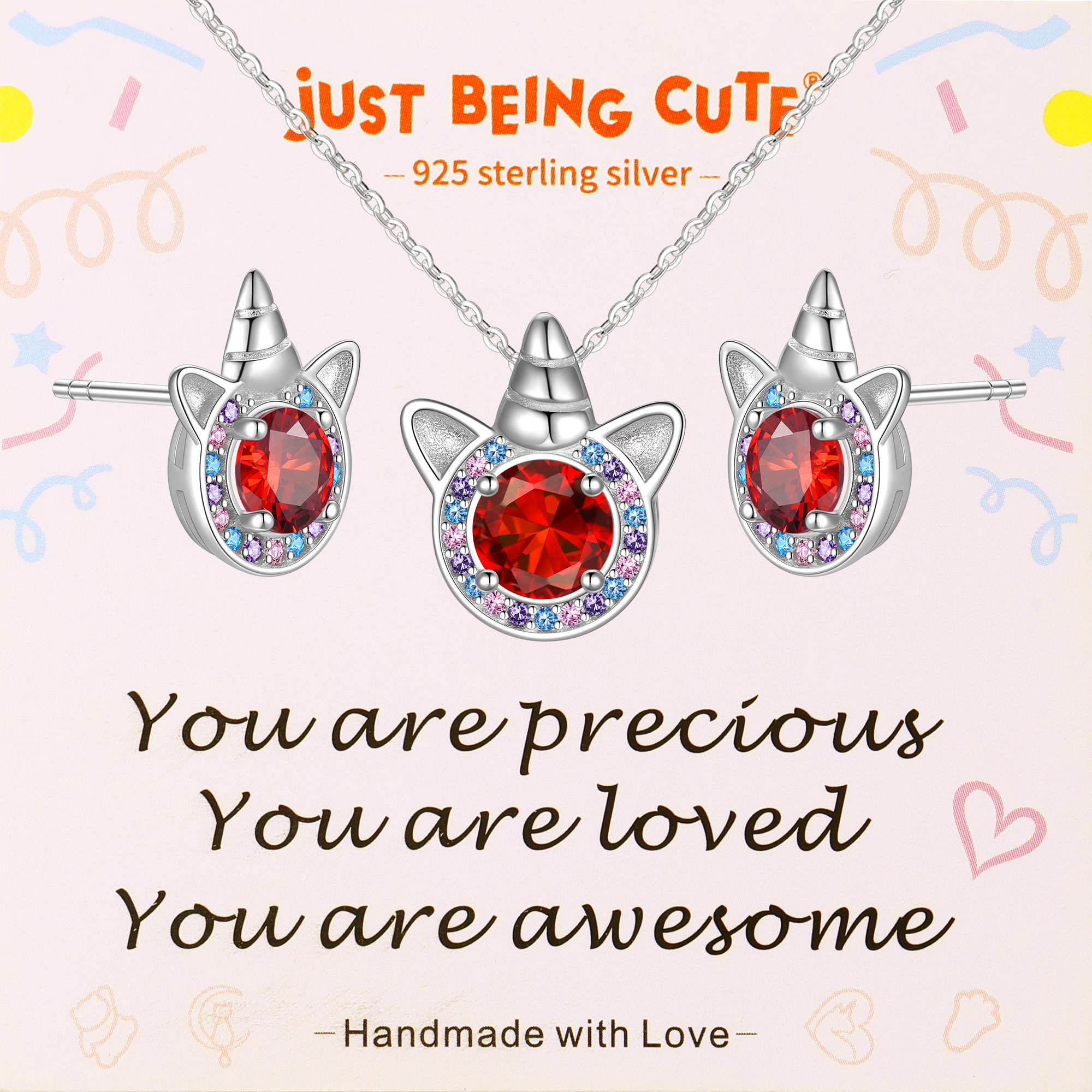 Just Being Cute Unicorn Gift Sets for Women, Cubic Zirconia Created Diamond Birthstone Pendant Necklace and Studs Earrings Unicorn Jewelry Sets Birthday Christmas Gifts