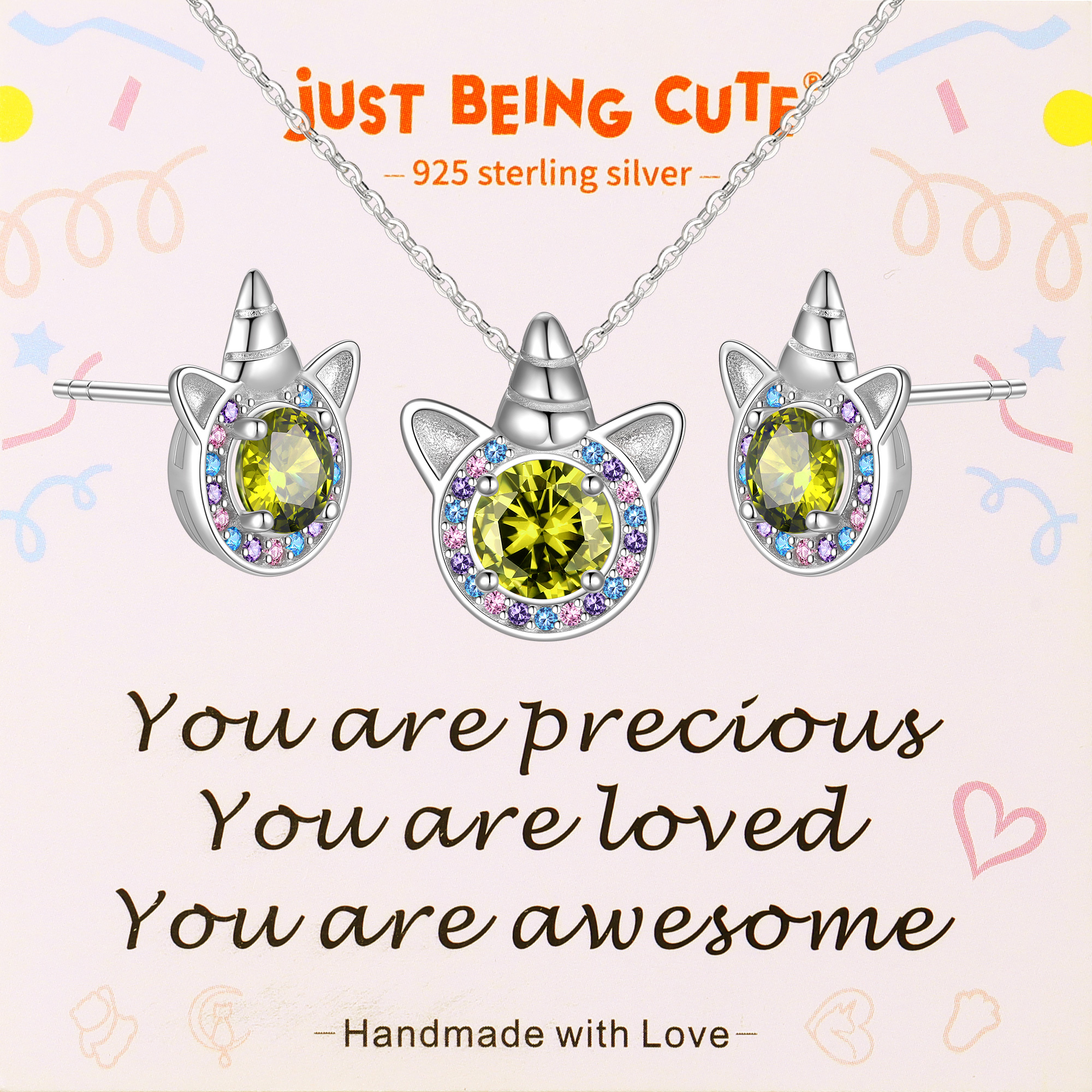 Just Being Cute Unicorn Gift Sets for Women, Cubic Zirconia Created Diamond Birthstone Pendant Necklace and Studs Earrings Unicorn Jewelry Sets Birthday Christmas Gifts