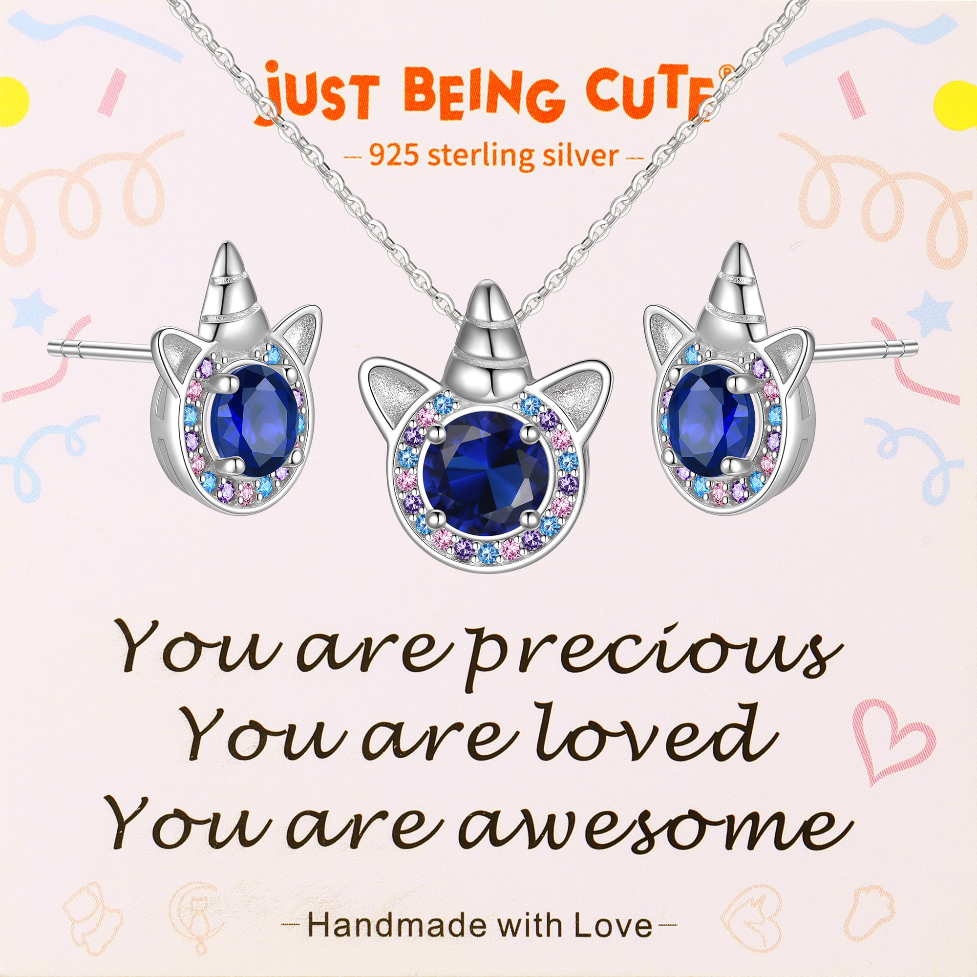 Just Being Cute Unicorn Gift Sets for Women, Cubic Zirconia Created Diamond Birthstone Pendant Necklace and Studs Earrings Unicorn Jewelry Sets Birthday Christmas Gifts