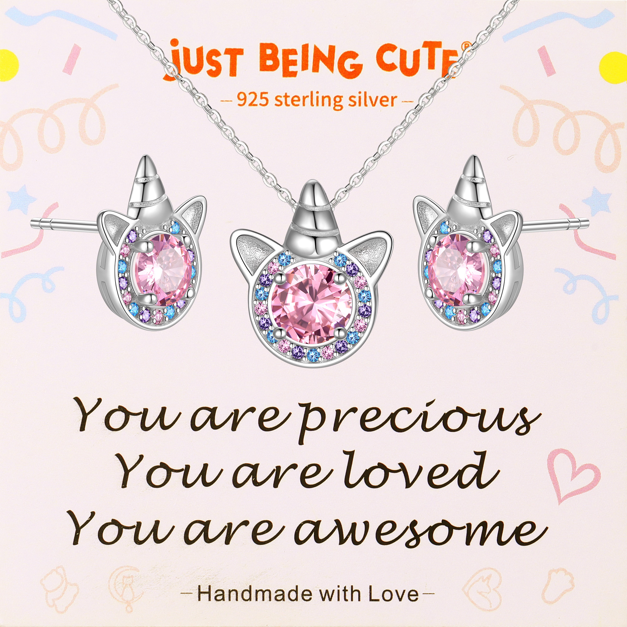 Just Being Cute Unicorn Gift Sets for Women, Cubic Zirconia Created Diamond Birthstone Pendant Necklace and Studs Earrings Unicorn Jewelry Sets Birthday Christmas Gifts