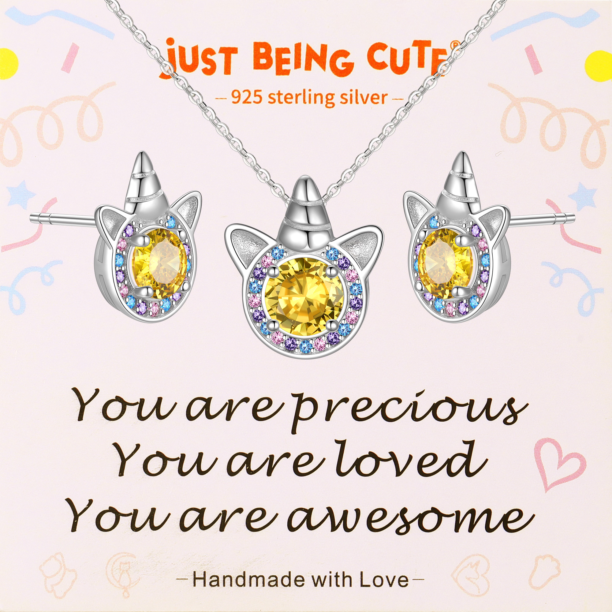 Just Being Cute Unicorn Gift Sets for Women, Cubic Zirconia Created Diamond Birthstone Pendant Necklace and Studs Earrings Unicorn Jewelry Sets Birthday Christmas Gifts